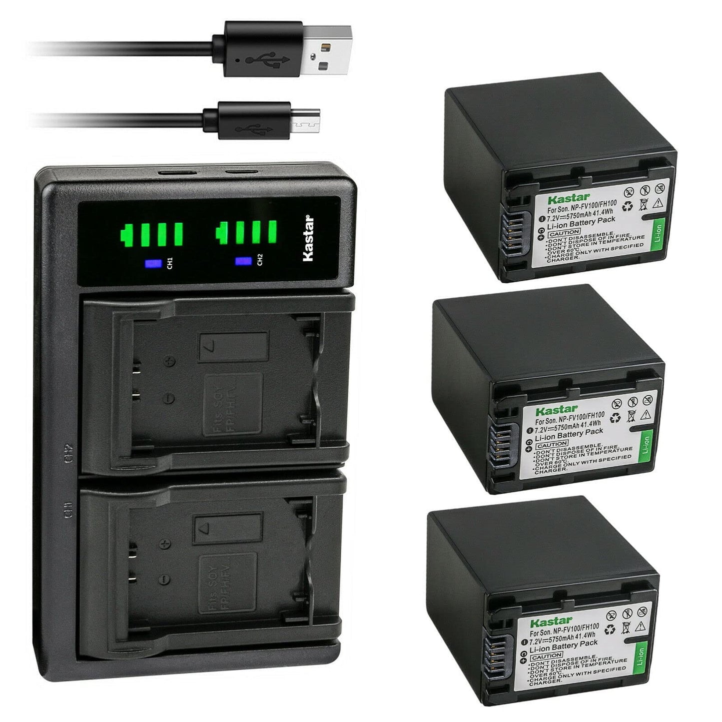 Kastar 3-Pack Battery NP-FV100 and LTD2 USB Charger Compatible with Sony NP-FV30 NP-FV40 NP-FV50 NP-FV70 NP-FV70A NP-FV90 NP-FV100 Battery, Sony