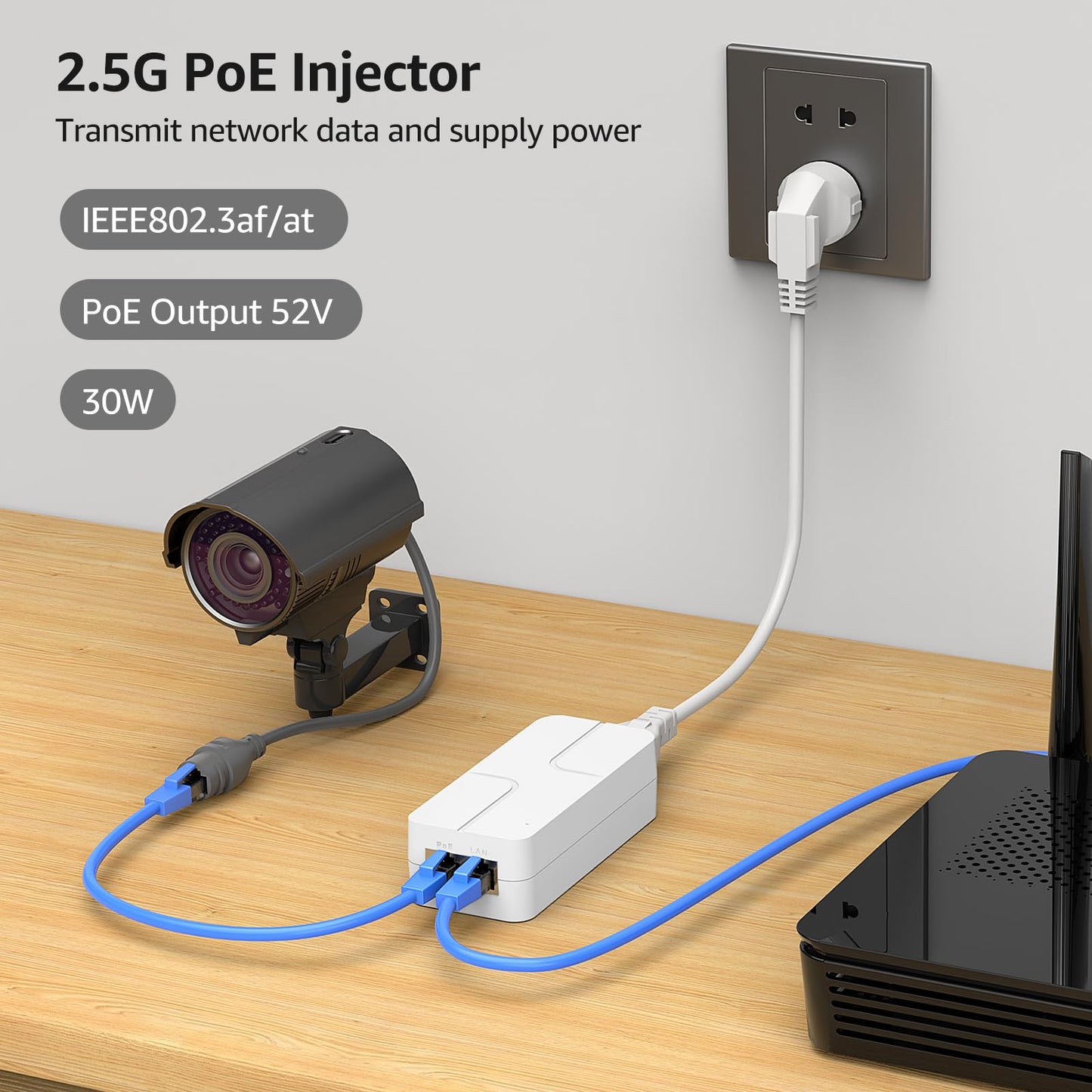 YuanLey 2.5G PoE Injector 30W, PoE+ Injector Converts Non-PoE to PoE+, 52V IEEE 802.3at/af, 10/100/1000/2500Mbps Ethernet PoE Adapter Plug & Play