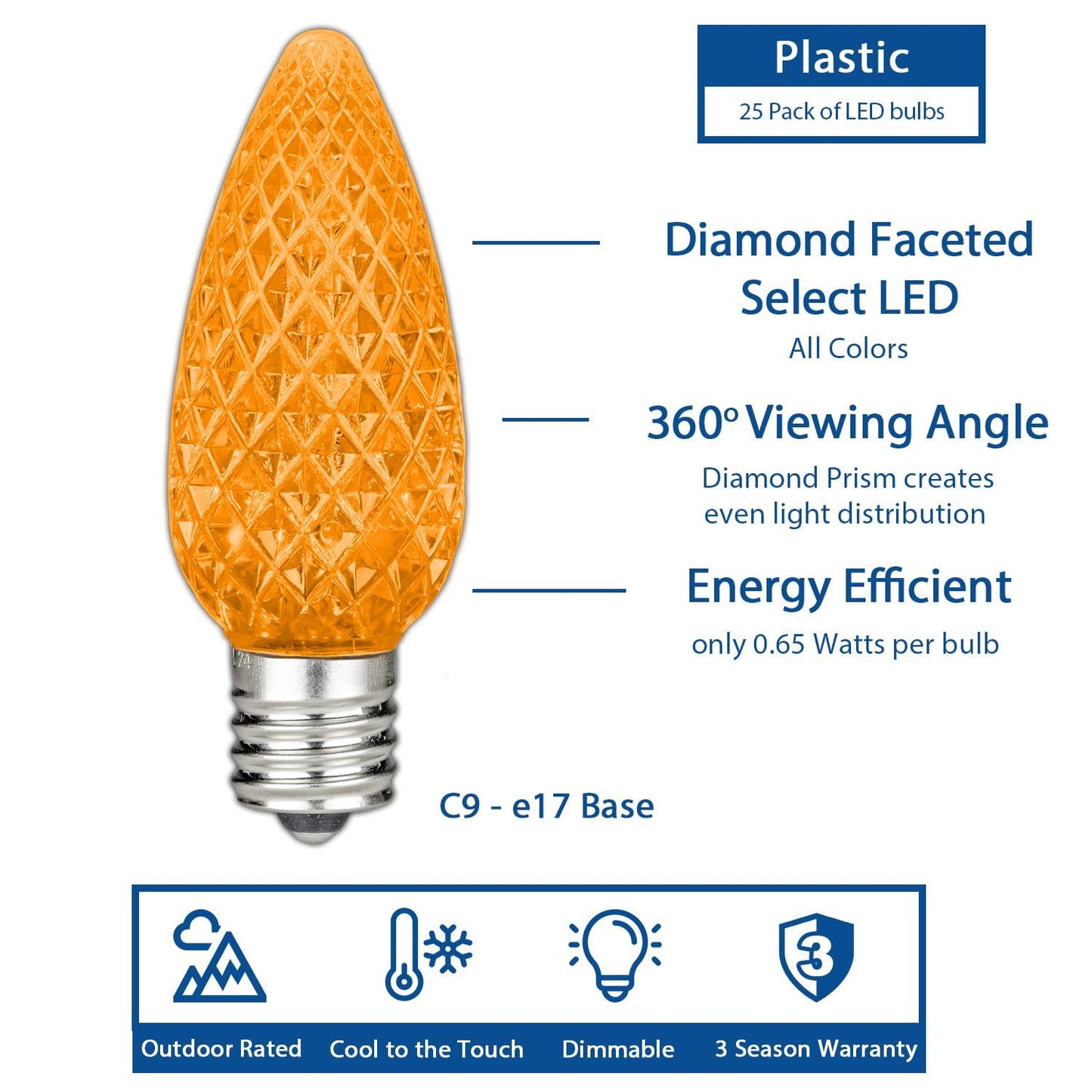Novelty Lights 25 Pack Orange C9 LED Faceted Christmas Replacement Bulbs