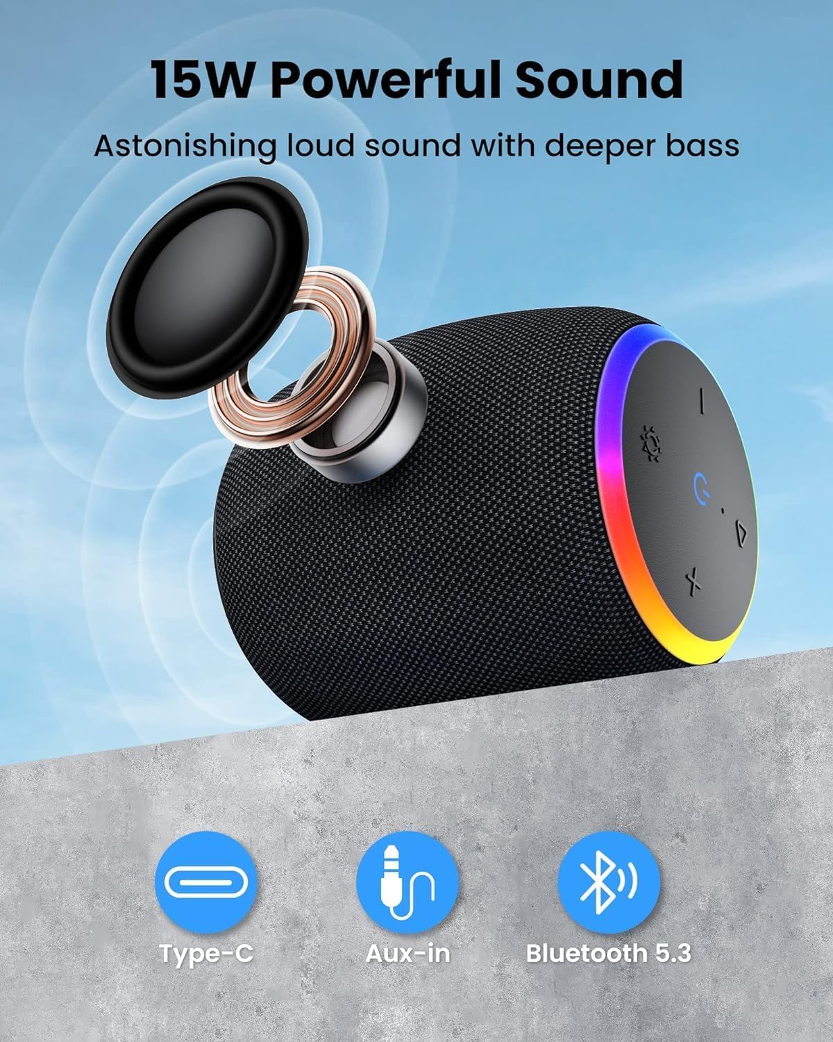 ZICOROOP Bluetooth Speaker, Portable Wireless with 15W Stereo Sound, IPX6 Waterproof, Blue Tooth 5.3, LED Light, TWS Pairing, 12H Playtime Shower