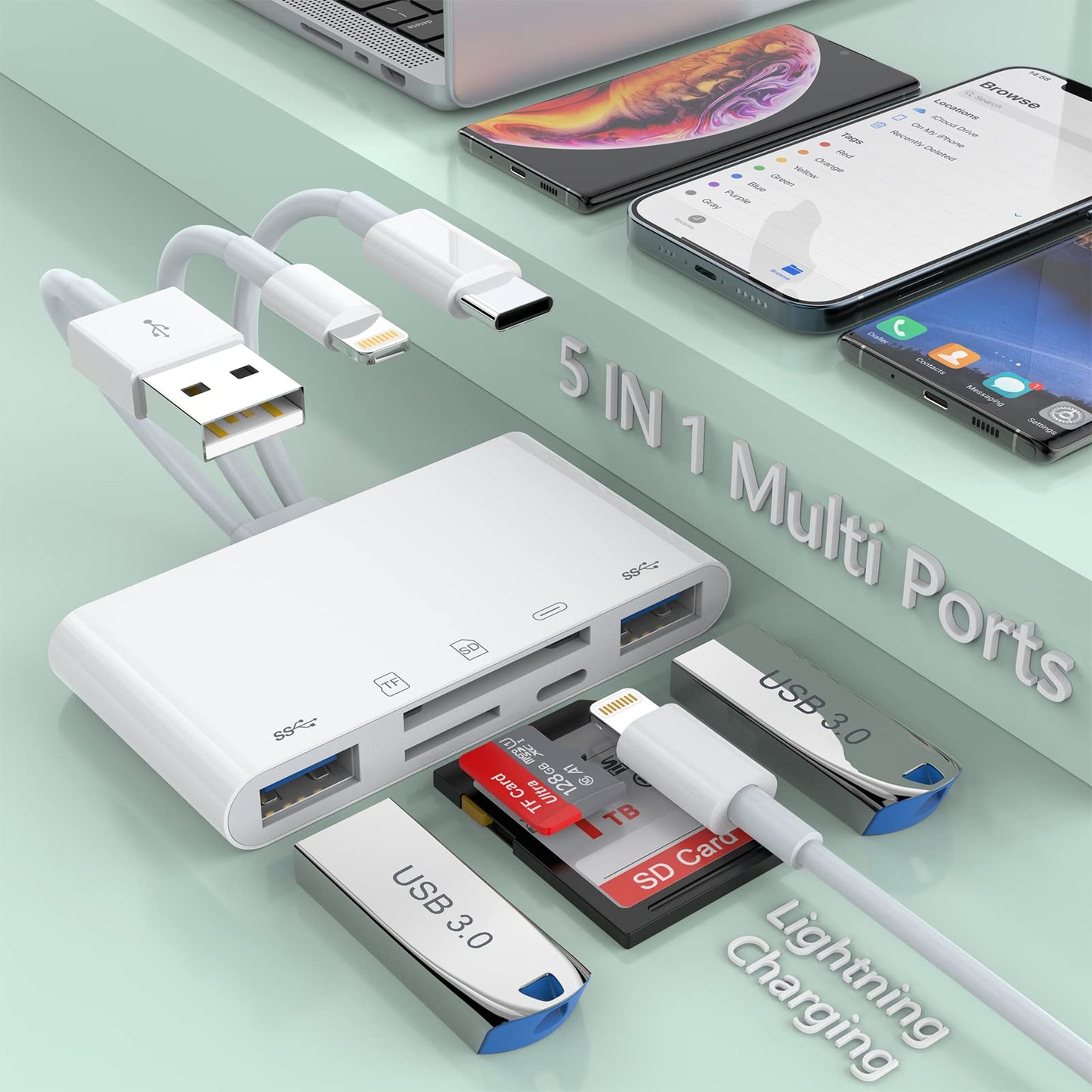 Multi 5-in-1 Lightning+Type C+USB A Card Reader for iPhone/iPad/Android/Mac Book/Computer/Tablet/Camera/Hard Disk/Flash Drive,OTG Memory Adapter