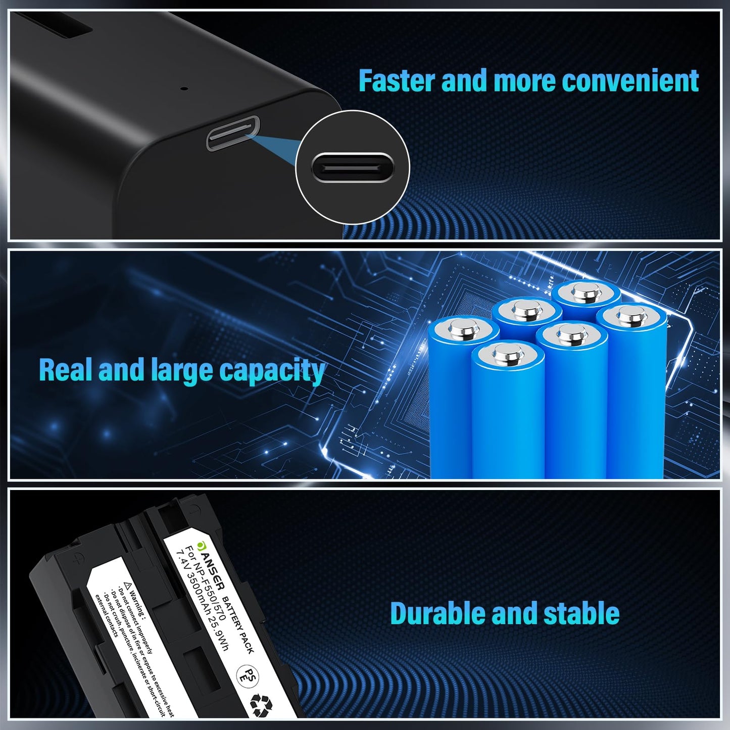 OANSER Replacement NP-F550 Battery with USB-C 3500mAh for NP-F970 NP F550 F750 F770 F960 F530 F330 F570 CCD-SC55 TR516 TR716 TR818 TR910 TR917, NPF