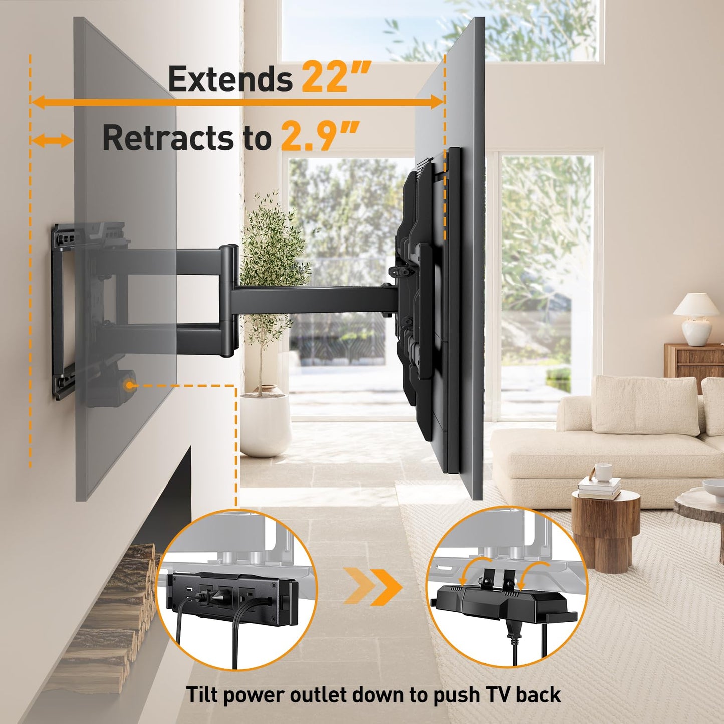 Perlegear Full Motion TV Wall Mount with Power Strip for 42-90 Inch TVs up to 150 lbs, Pre-Assembled TV Mount Has Smooth Swivel, Tilt, Extension, Max