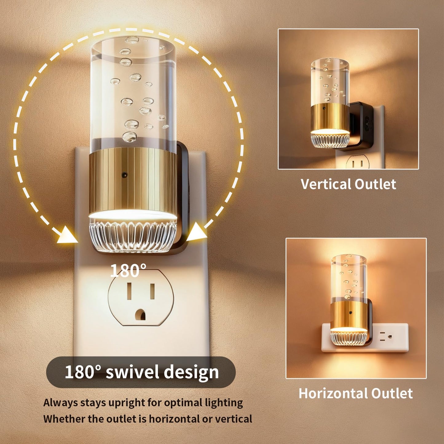 URLIGHTS Plug in Night Light with Dusk to Dawn Sensor, Adjustable 0-100LM LED Nightlight with 3 Color Temperatures, 180° Swivel, Acrylic Bubble Light