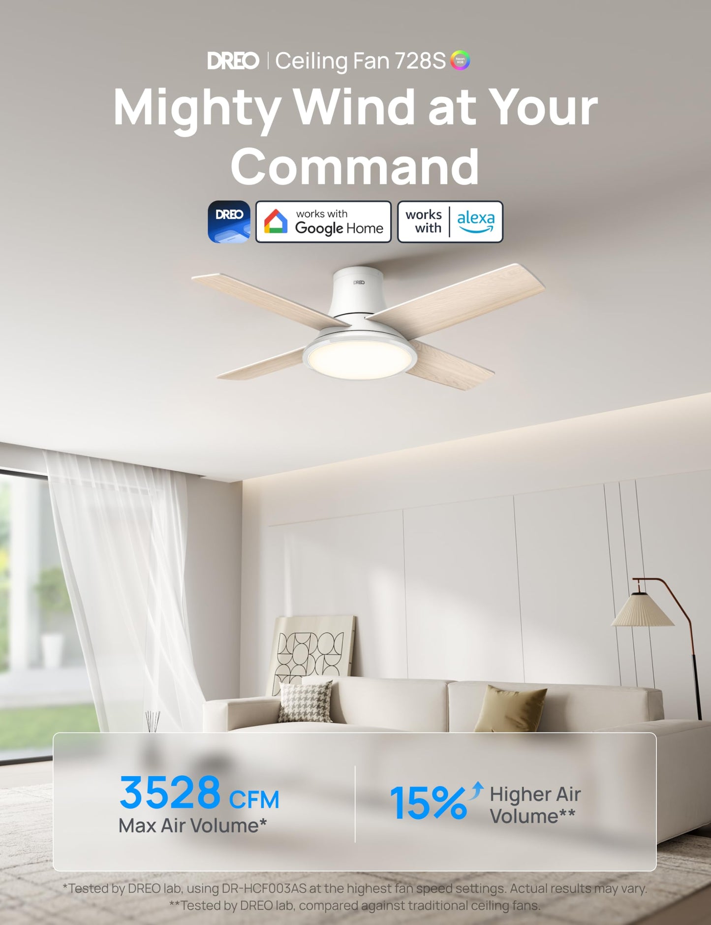 DREO Ceiling Fans with Lights 44'', RGBIC Flush Mount Smart Ceiling Fan