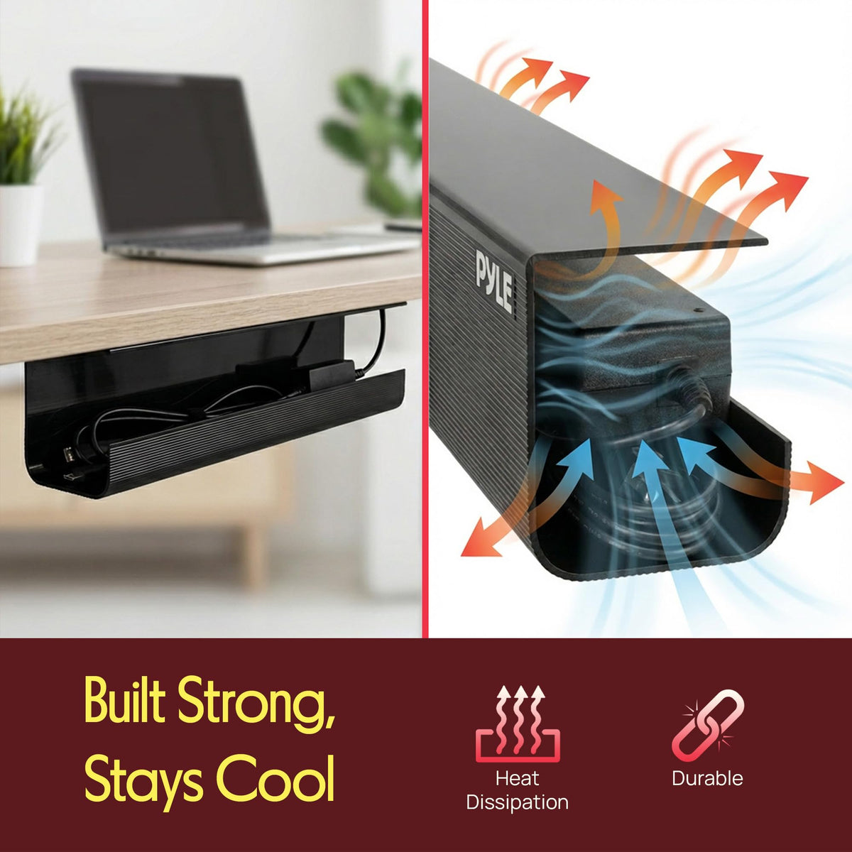 Pyle 2-Pack 17" Under Desk Cable Management Tray, Under Desk Cable Organizer with Adhesive Mount, Wire Management Under Desk for Home Office & Gaming
