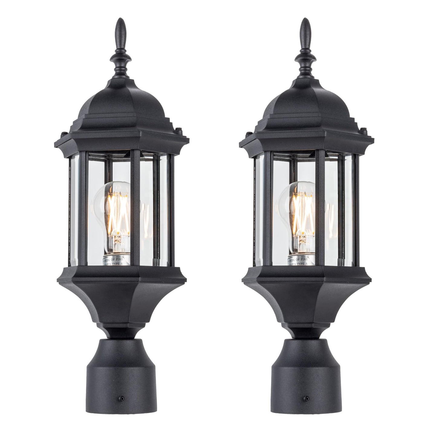 LIT-PaTH Outdoor Post Lighting Fixture Pole Lantern, E26 Medium Base Max 60W, Aluminum Housing Plus Glass, 2-Pack, Black Finish