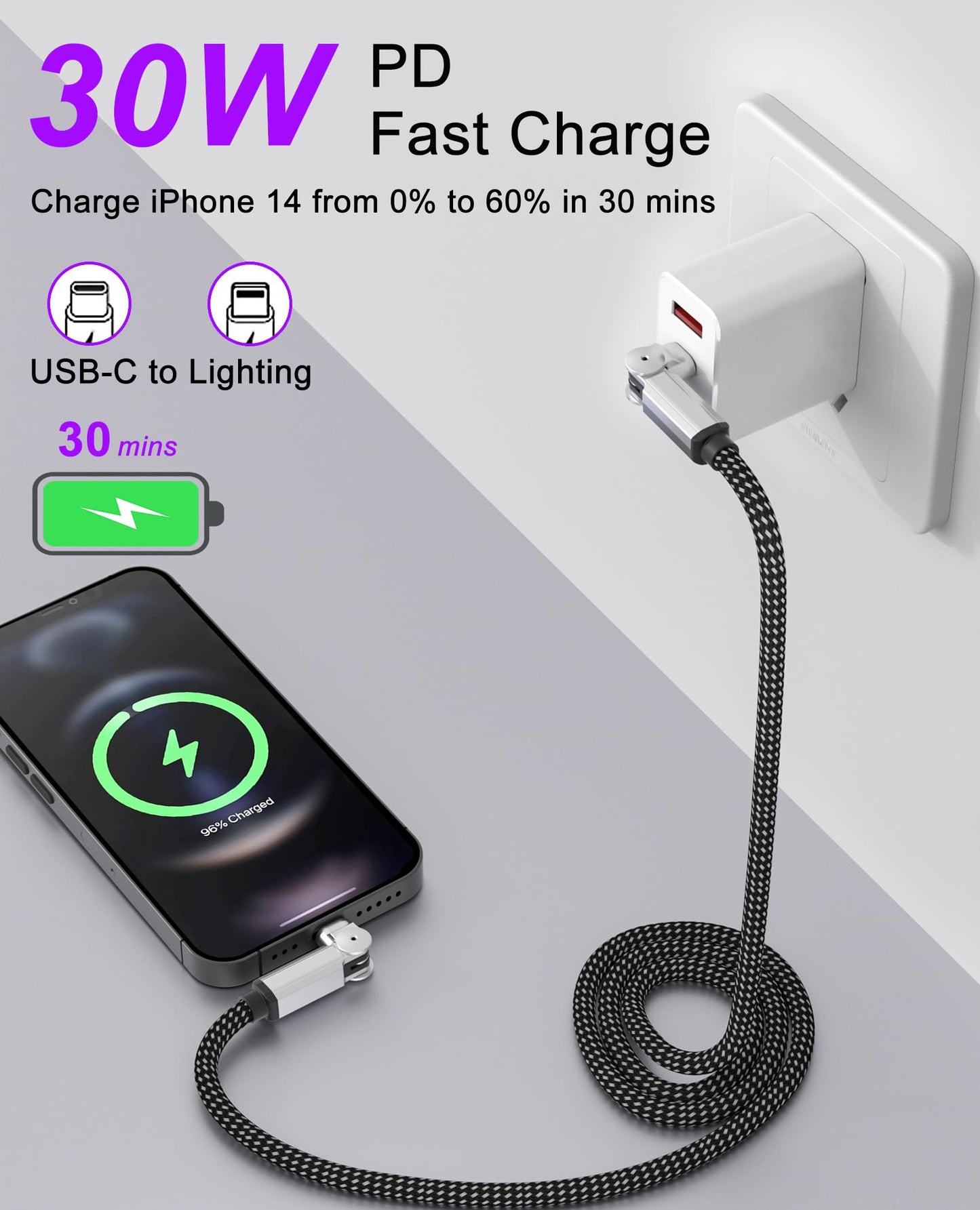 90 Degree iPhone Charger USB C Lightning Cable with 180° Rotating Head - 6.6FT Right Angle Lightning Cable Swivel Charger with MFi, 3A Fast Charging…