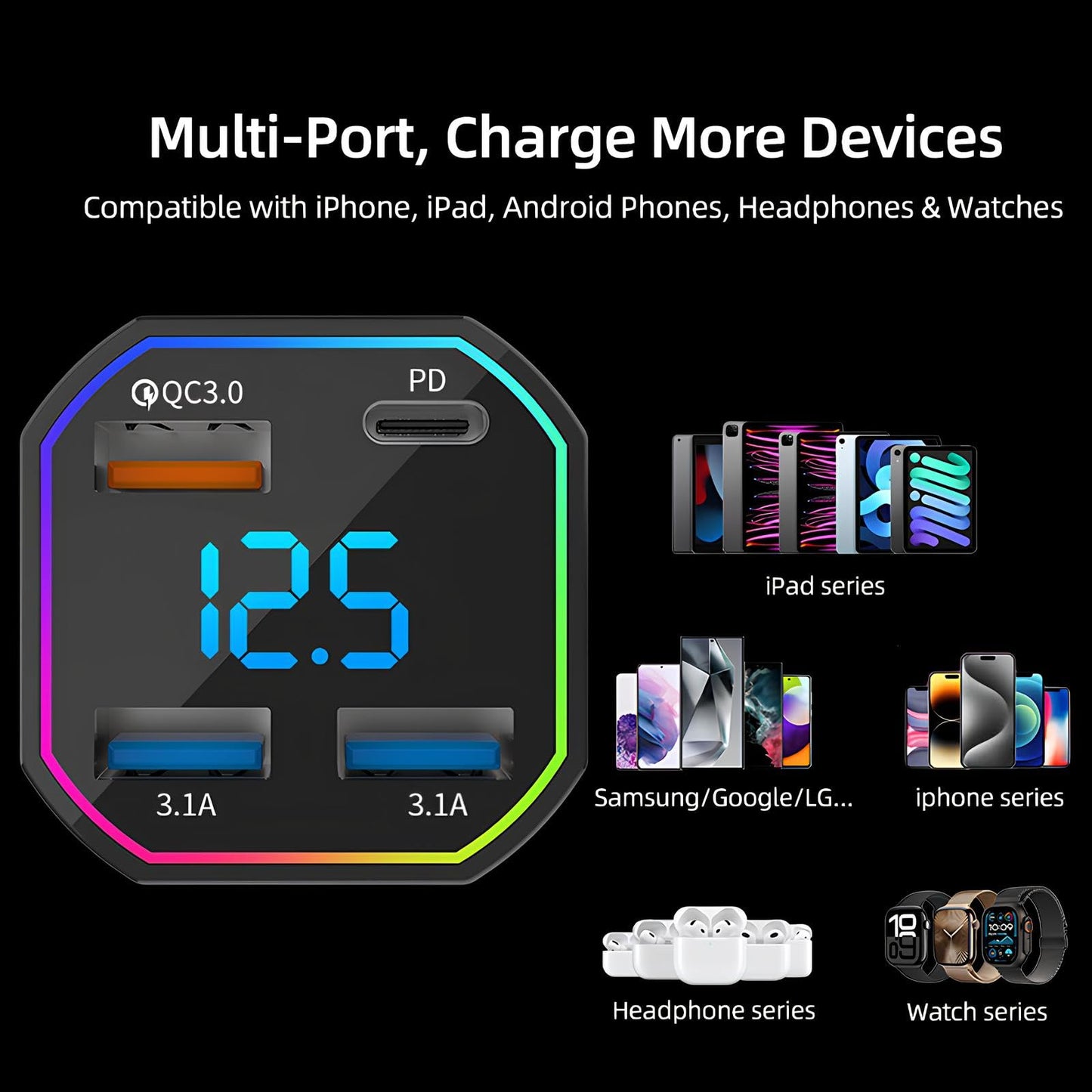 65W USB C Car Charger Adapter 4 Port Fast Charging with QC3.0 & PD2.0, Digital Display, Compatible with iPhone 16-8, Galaxy S25-S8, iPad, Pixel