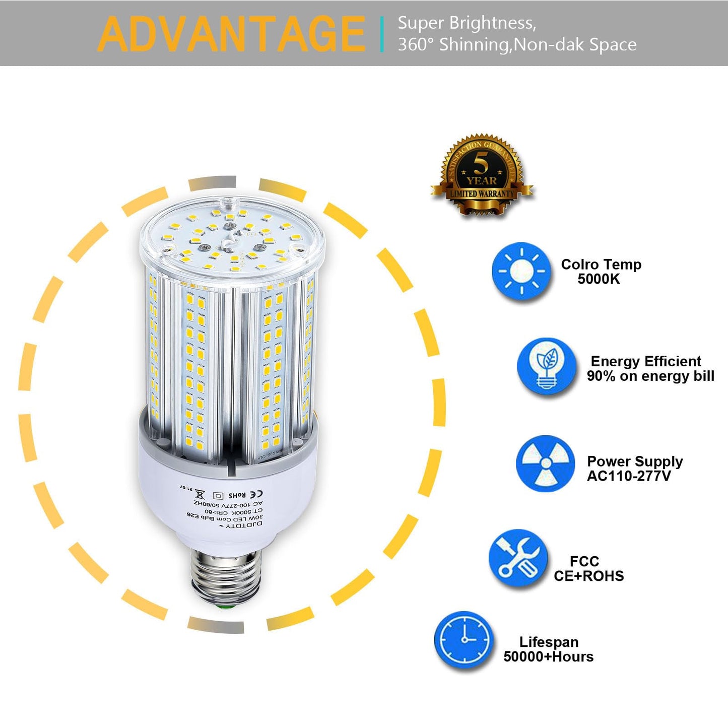 JURDXLED 3-Pack is More economical, LED Corn Light Bulb 5000 Lumen 5000K 30W Large Area Cool Daylight White E26 Medium Base for Outdoor Indoor Garage