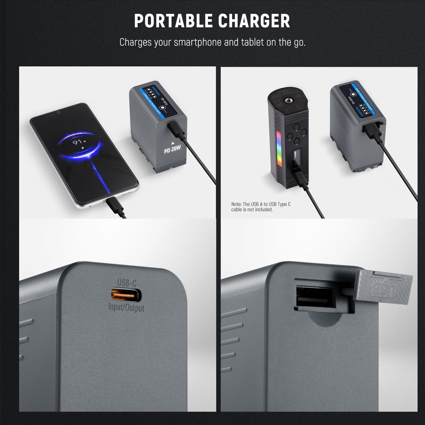 Neewer 10500mAh NP-F970 Replacement Battery, 4.8Hrs Full Charge Time, 20W PD Fast Charging USB C Cable, Rechargeable Camera Camcorder Video Light