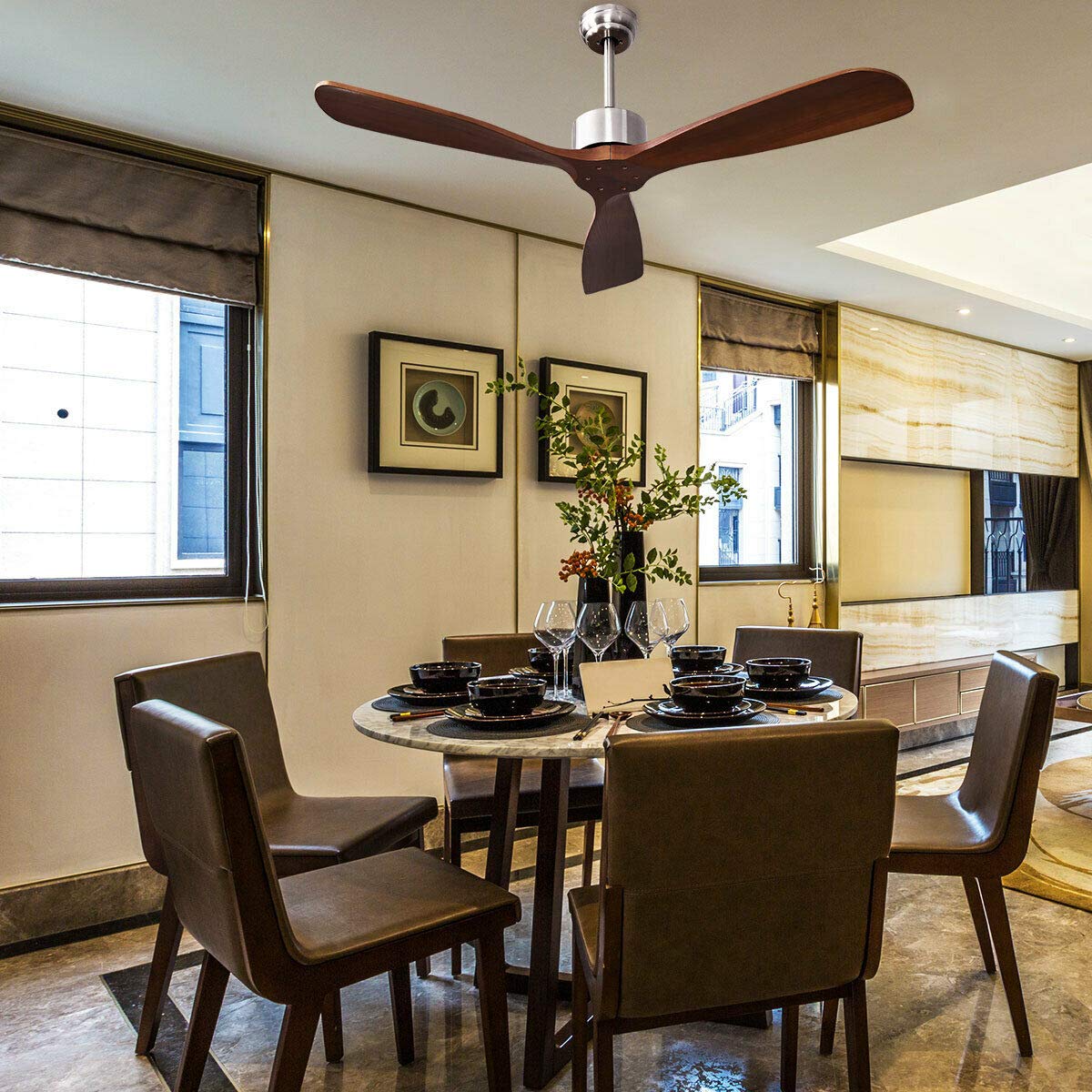 DORTALA 52" Modern Ceiling Fan, 3 Blade Ceiling Fan Wood Blades, Noiseless Reversible Motor, &Brushed Nickel Finish w/Remote Control