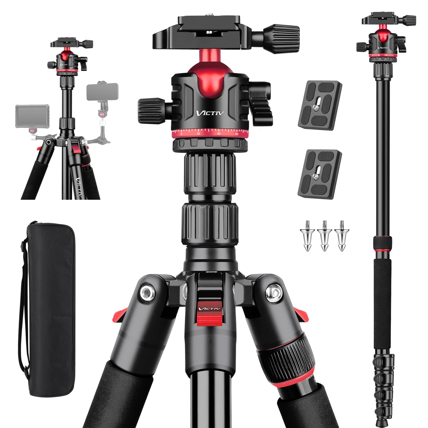 78" Porfessional Tripod for Camera, Victiv Aluminum Camera Tripod Monopod for DSLR, Spotting Scope,Telescope, Binoculars, Compact Heavy Duty Camera