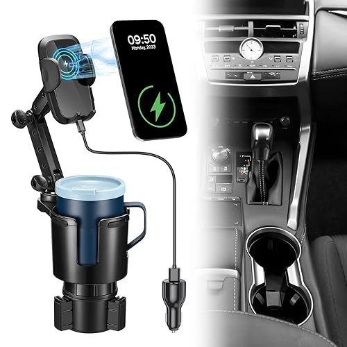 This Hill Cup Holder Phone Charger, 15W Fast Charging Auto Clamping, Phone Holder for Cup Holder Charger with Adjustable Base & 360° Rotation