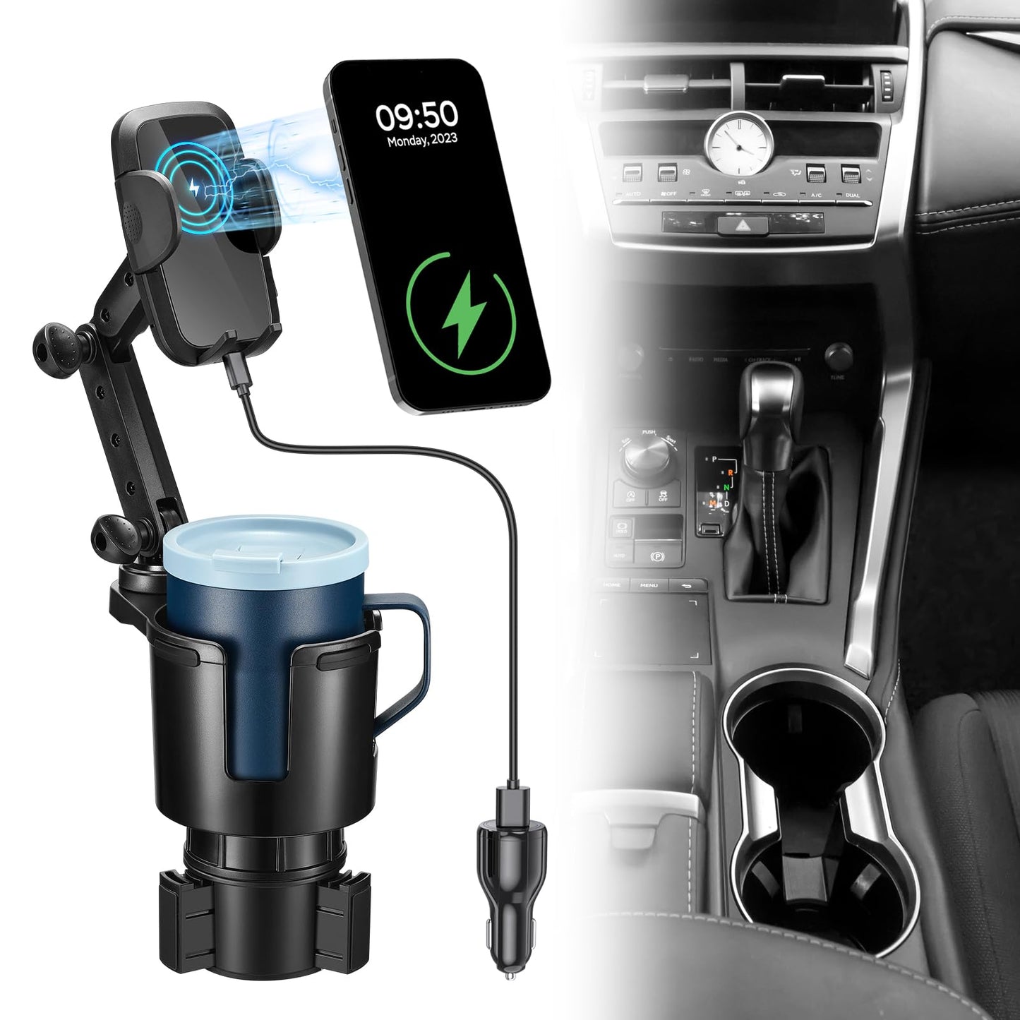 This Hill Cup Holder Phone Charger, 15W Fast Charging Auto Clamping, Phone Holder for Cup Holder Charger with Adjustable Base & 360° Rotation