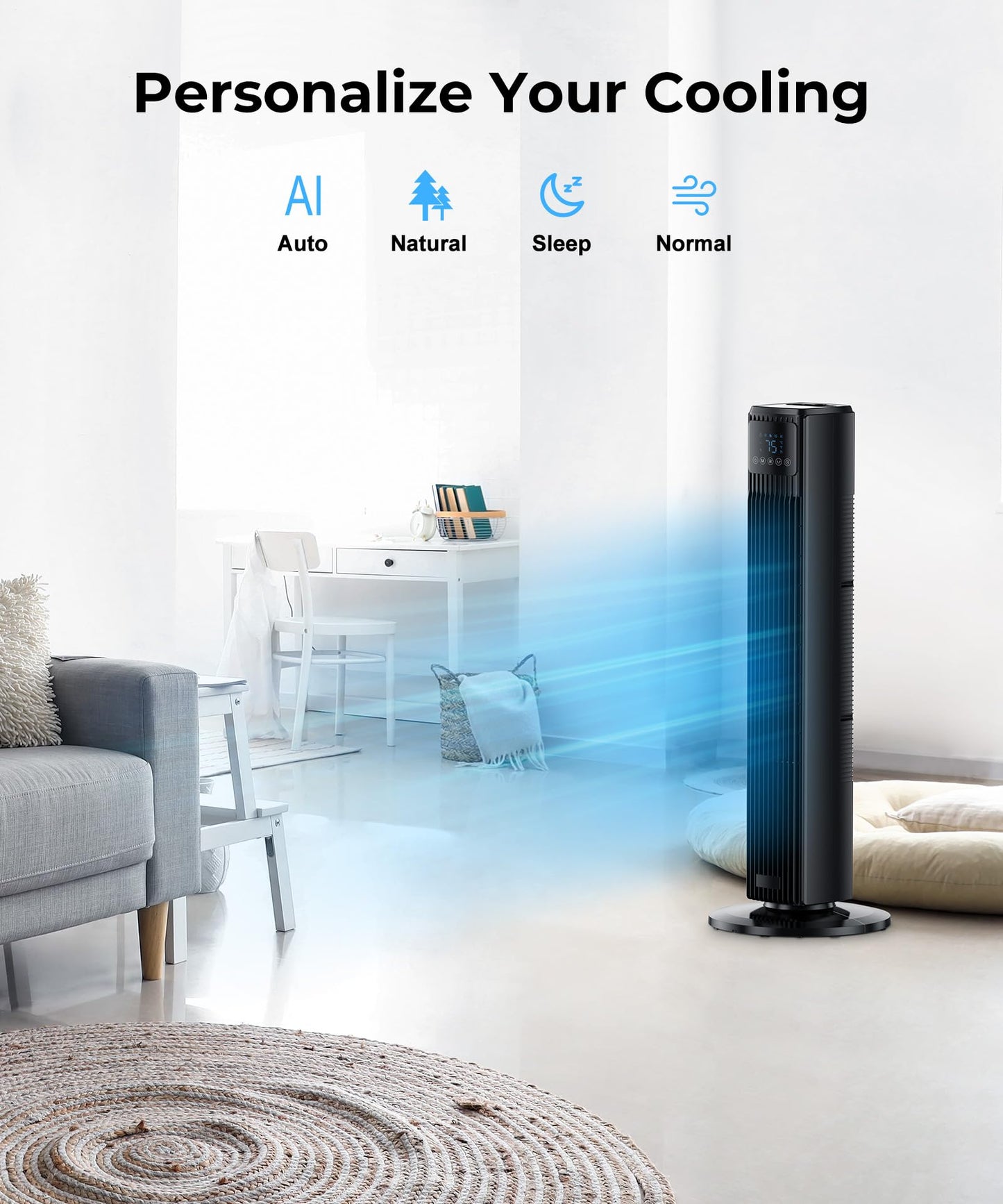 PNTCK Tower Fan for Bedroom, Quiet Floor Fan with Remote, 90° Oscillating Fans with 4 Speeds, 4 Modes, 27ft/s Velocity, 12H Timer, 2025 New Standing