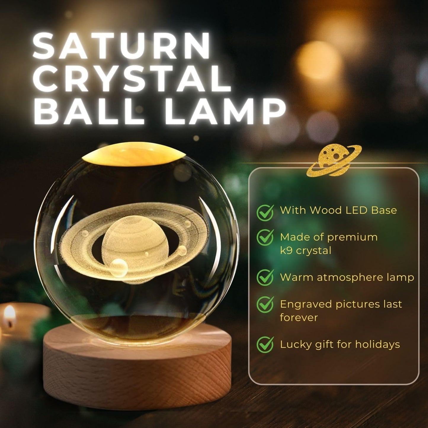 Flexzion 3D Saturn Crystal Ball Night Light - LED Light Hologram Glass Lamp w/Solid Wood Base, USB Powered Crystal Ball Lamp w/Adjustable Brightness