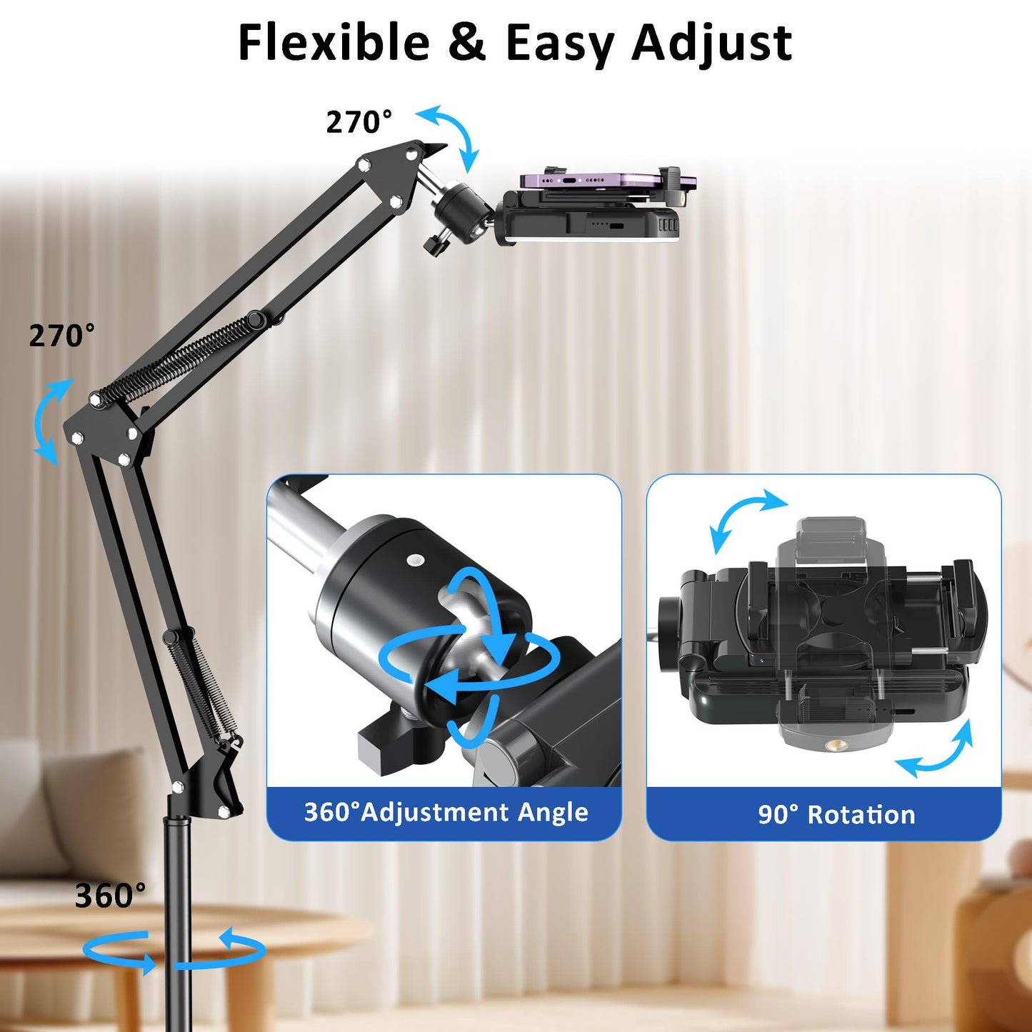 Floor Overhead Phone Tripod with Rechargeable Light for Cooking Videos, Move Around Phone Stand with Ring Light Content Creator Video Recording Selfie