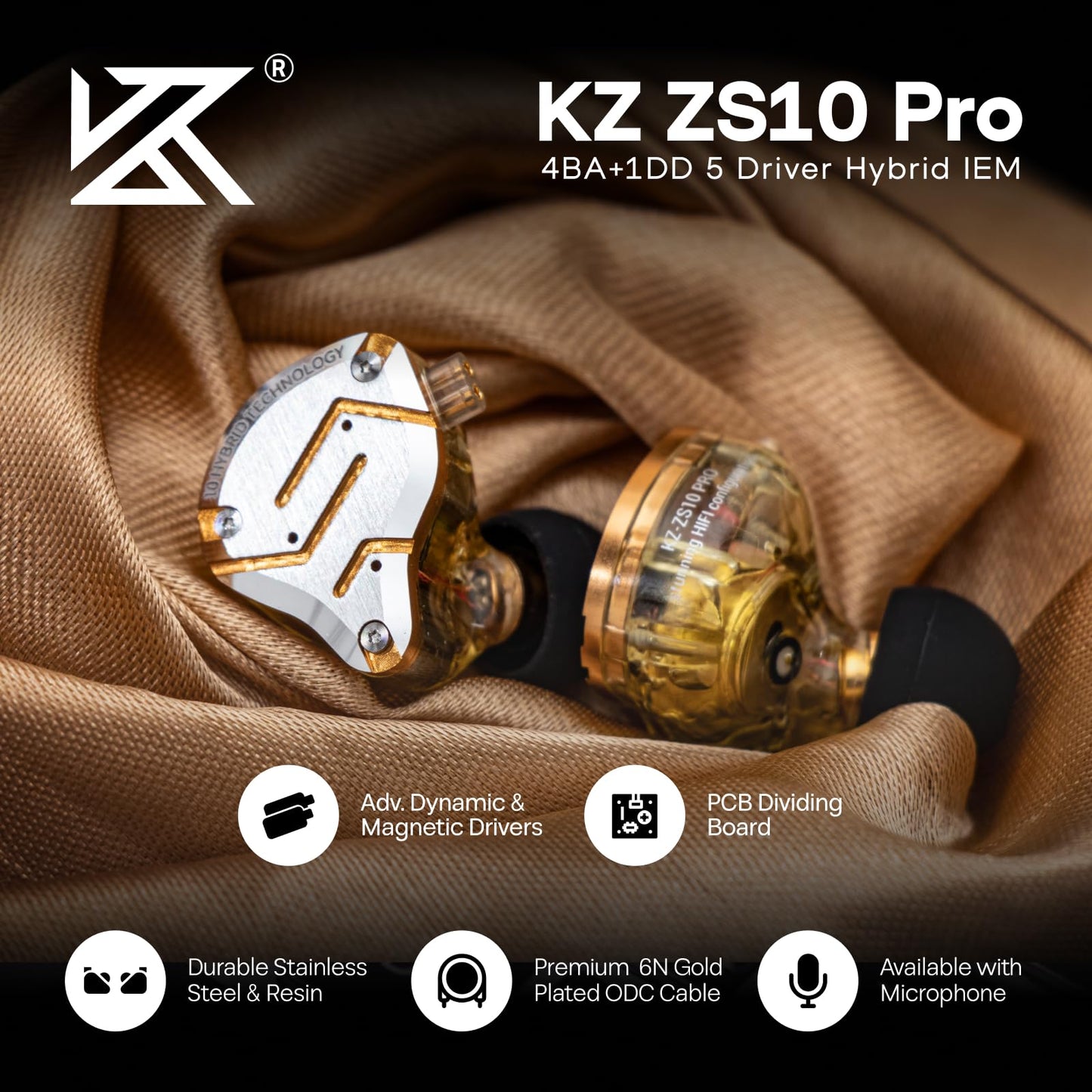 Linsoul KZ ZS10 Pro, 4BA+1DD 5 Driver in Ear Monitor, HiFi Wired Earbuds, Gaming Earbuds, Hybrid IEM Earphones with Stainless Steel Faceplate