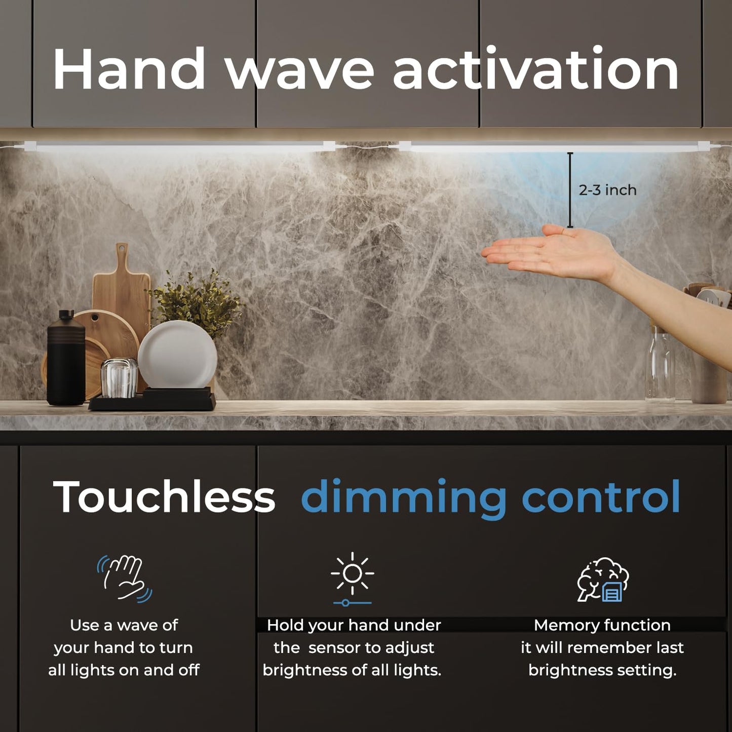 EShine Hand Wave Activated Under Cabinet LED Lighting Kit, Dimmable, 12-Pack 12 in - Touchless Dimming Control, Black Under Counter Lights