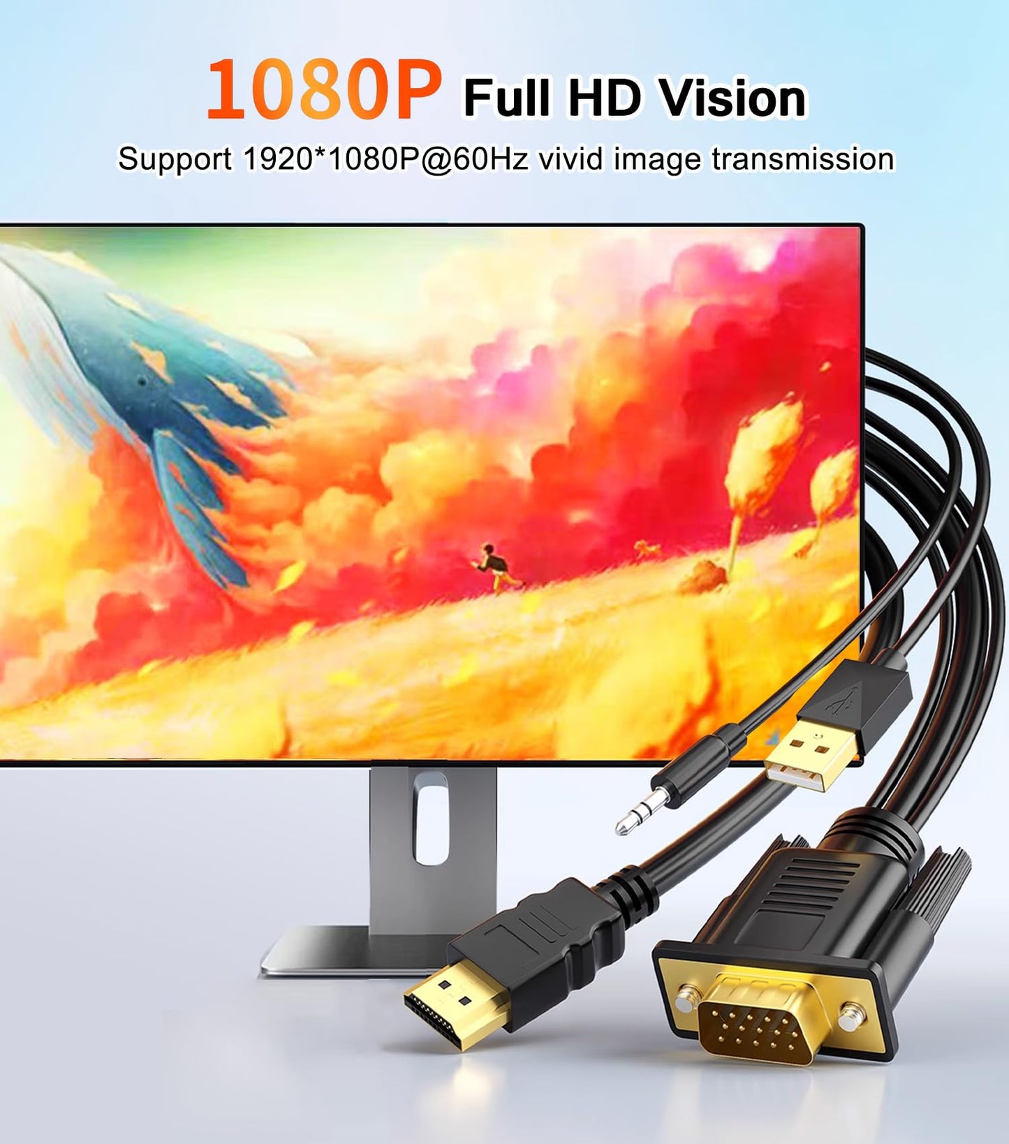 AKWOR VGA to HDMI Adapter Cable 6FT, Uni-Directional VGA (Source) to HDMI (Display) Cable with Audio & USB Power, 1080P@60Hz Display Cord from Desktop