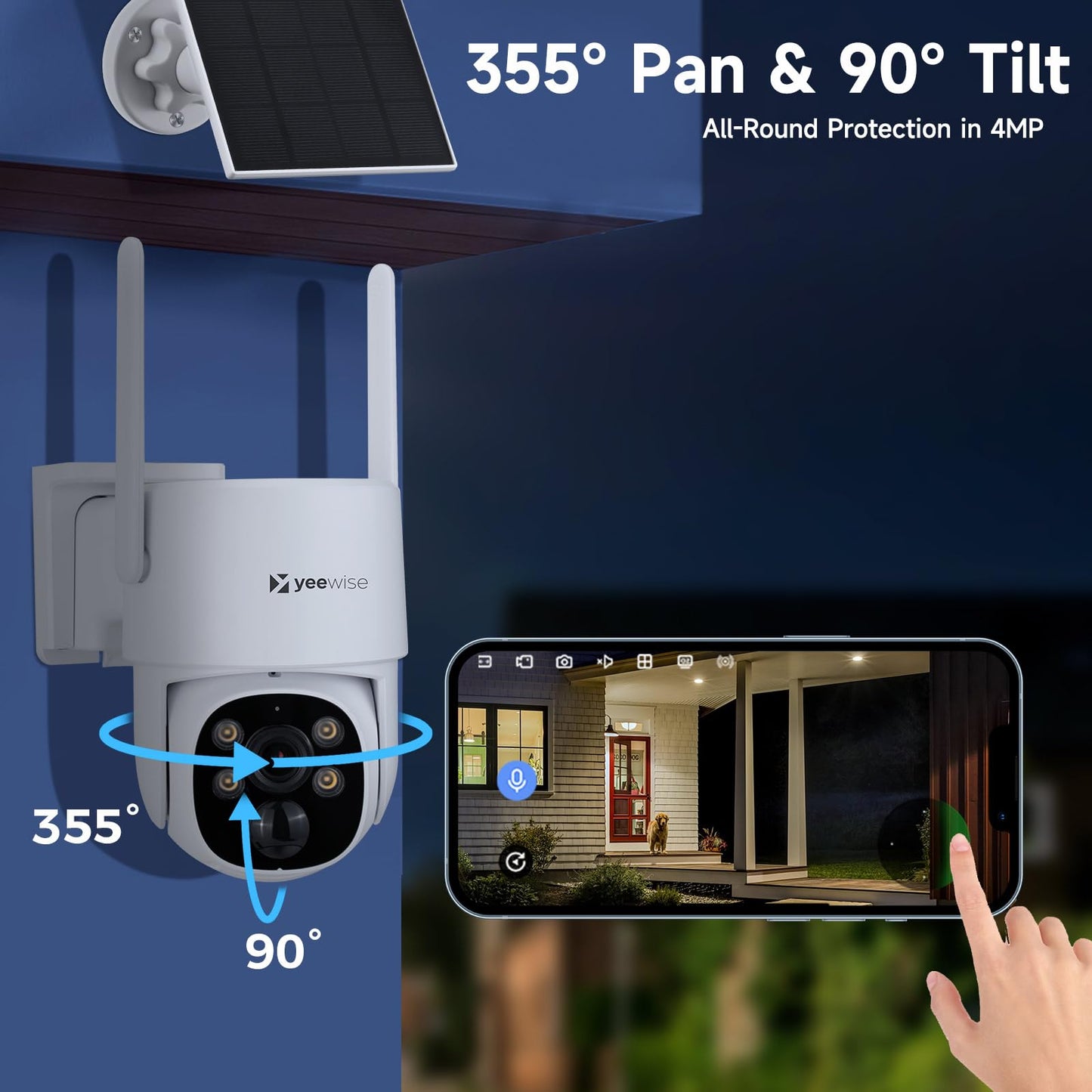 yeewise 2K NightColor Solar Security Camera, Wireless Pan & Tilt Battery Camera with Auto Tracking, Dual-Band Wi-Fi 6, Smart PIR Motion Detection
