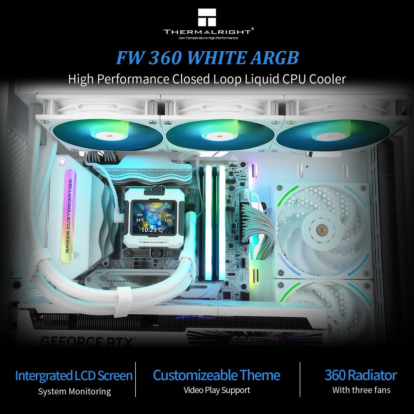 Thermalright FW 360 White ARGB V2 CPU Water Cooler with 3 PWM Fans with 2000RPM,IPS LCD Screen with 320 * 240 Resolution,Liquid CPU Cooler,CPU PC Aio