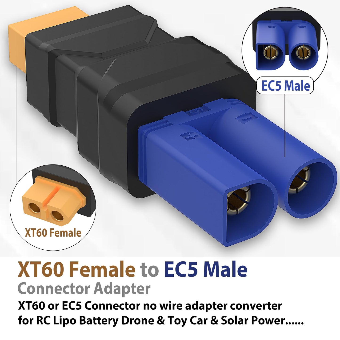 Magiclifee New XT60 Connector EC5, XT60 Female to EC5 Male Connector XT60 Extension Cable Terminal,No Wires Connectors RC Battery Adapter for Battery