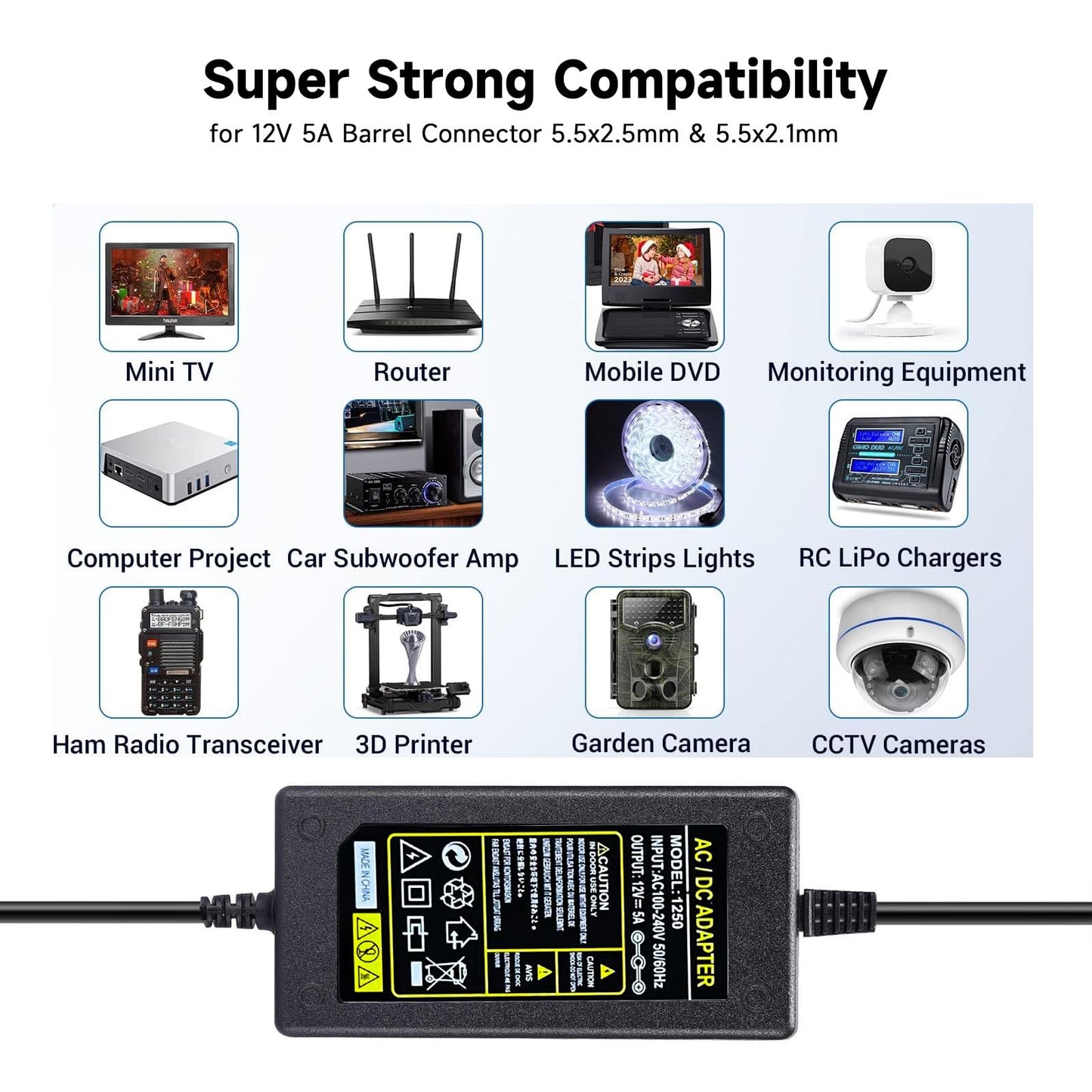 Power Adapter 12V 5A 4A 3A 2.5A 2A 1A AC DC Power Supply Cord Cable 5.5x2.1mm for Sceptre EC Series Monitor,ONN,AOC,Dell,Webcam, Router, Projector…