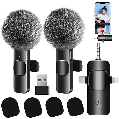 4 in 1 Wireless Lavalier Microphone for iPhone/USB C Android/Camera/Laptop PC,Mini Microphone 2.4G Ultra-Low Delay with Noise Reduction Cordless Lapel