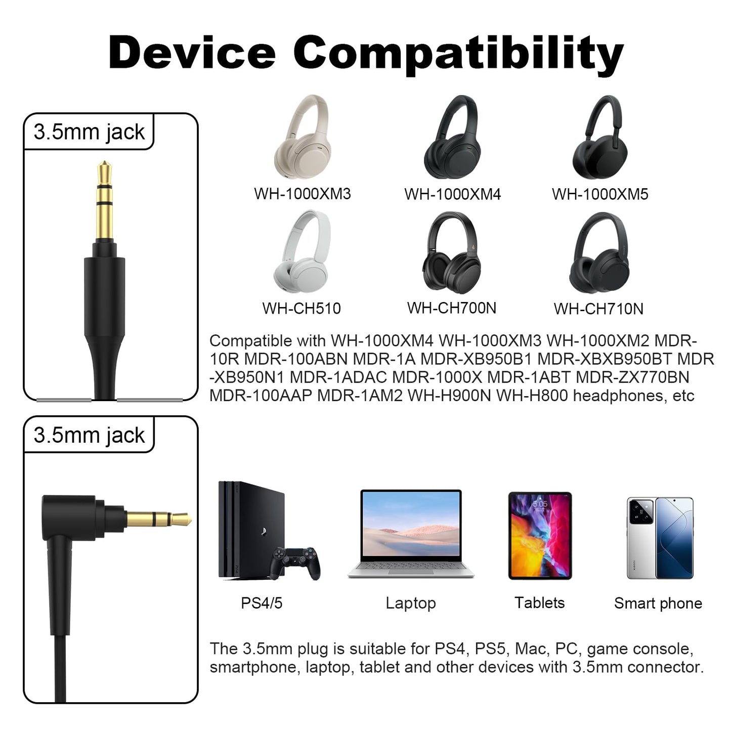 Replacement WH-1000XM5 Headphone Audio Cable Compatible with Sony WH-1000XM6 WH-1000XM5 WH-1000XM4 WH-1000XM3 WH-1000XM2 MDR-1A MDR-100ABN MDR-1000X…