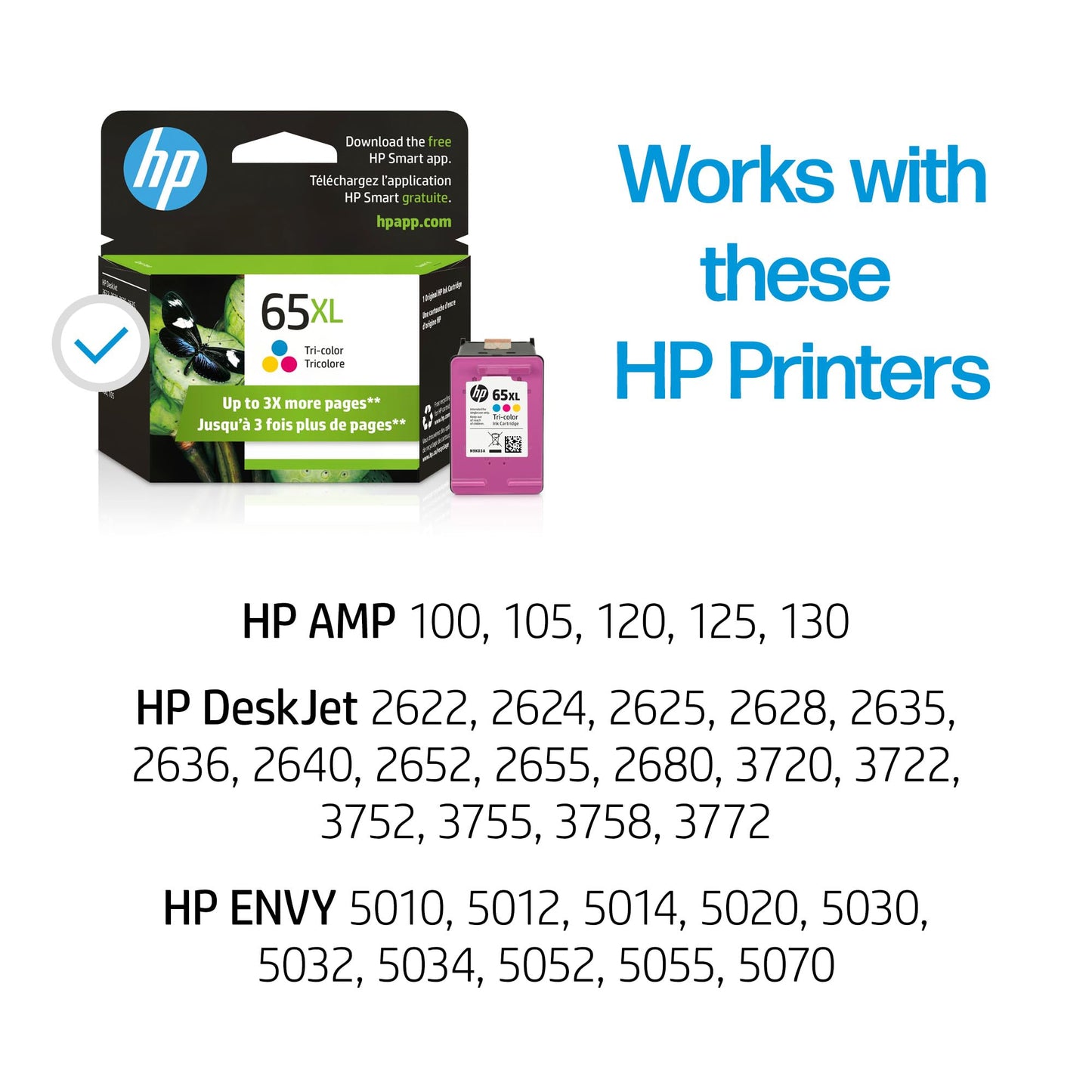 HP 65XL Tri-Color High-Yield Ink Cartridge | Works with AMP 100, DeskJet 2600, 3700; Envy 5000 | Eligible for Instant Ink | N9K03AN