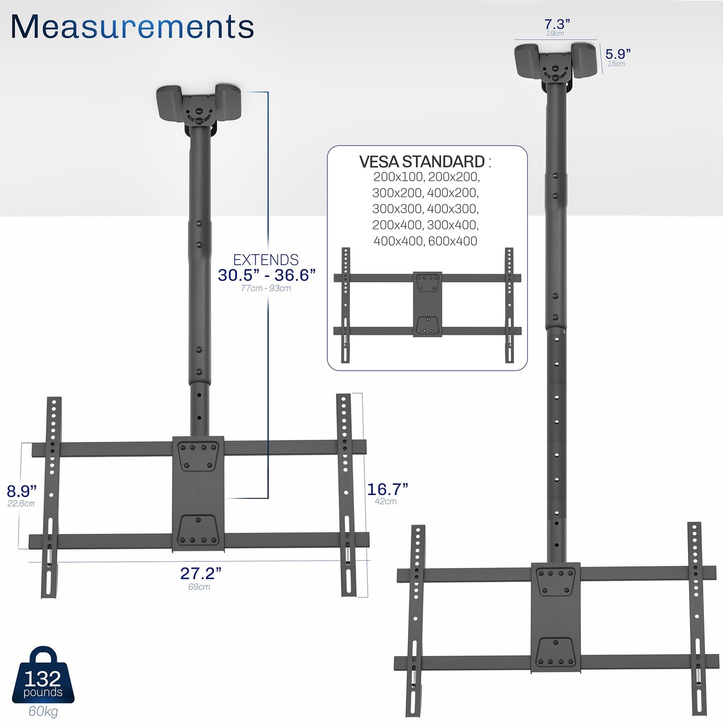 VIVO Ceiling Swivel TV Mount for 43 to 86 inch Screens, Telescoping Height Adjustment with 3ft Extension Pole, Fits Pitched/Vaulted Roof, Holds 132