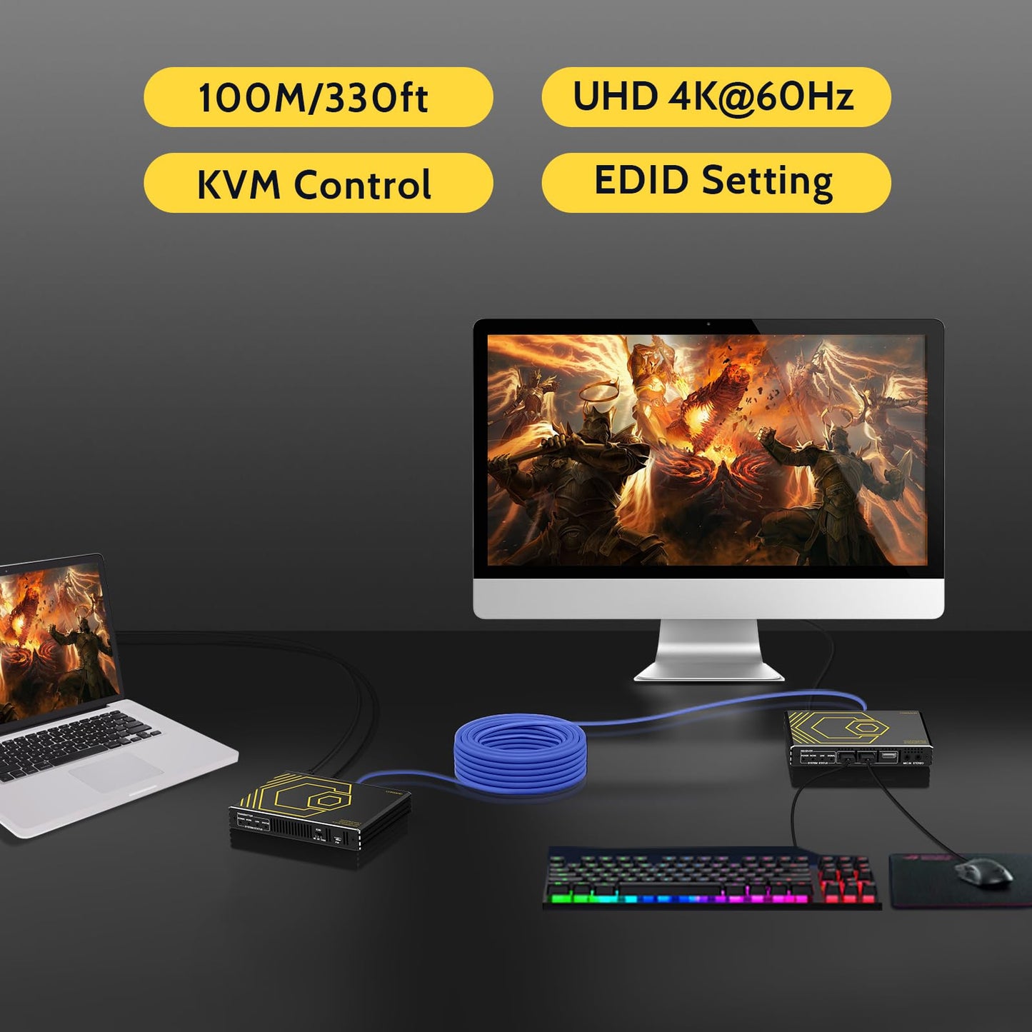 HDMI KVM Extender USB Uncompressed 4K 60Hz HDR Single Over Cat5e/6 up to 300ft, 3 Ports USB2.0 Hub POE+RS232+EDID+3.5mm Stereo Audio and Microphone
