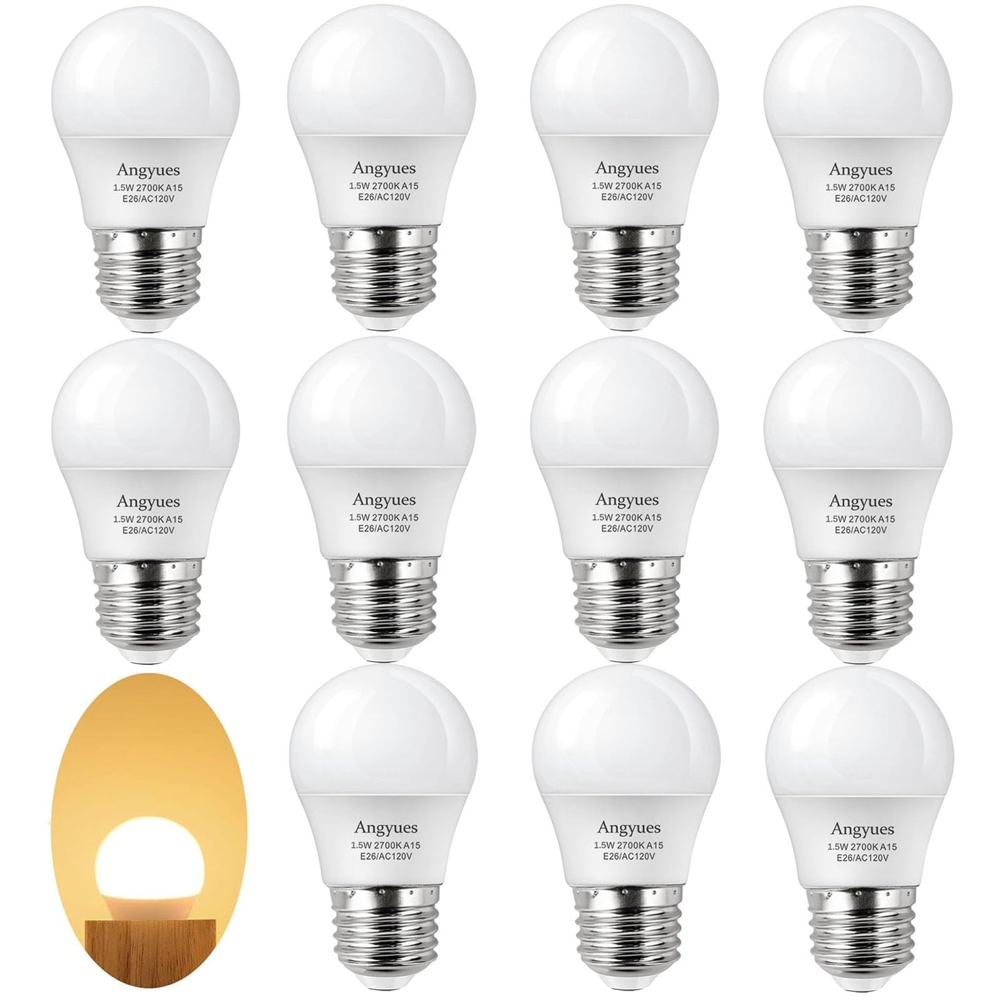 Angyues 15W Light Bulb Equivalent, A15 15 Watt Light Bulbs 2700K Soft White 120V E26 1.5W LED Bulb,Low Watt Light Bulbs Table Lamp Bulb for Bedroom 12
