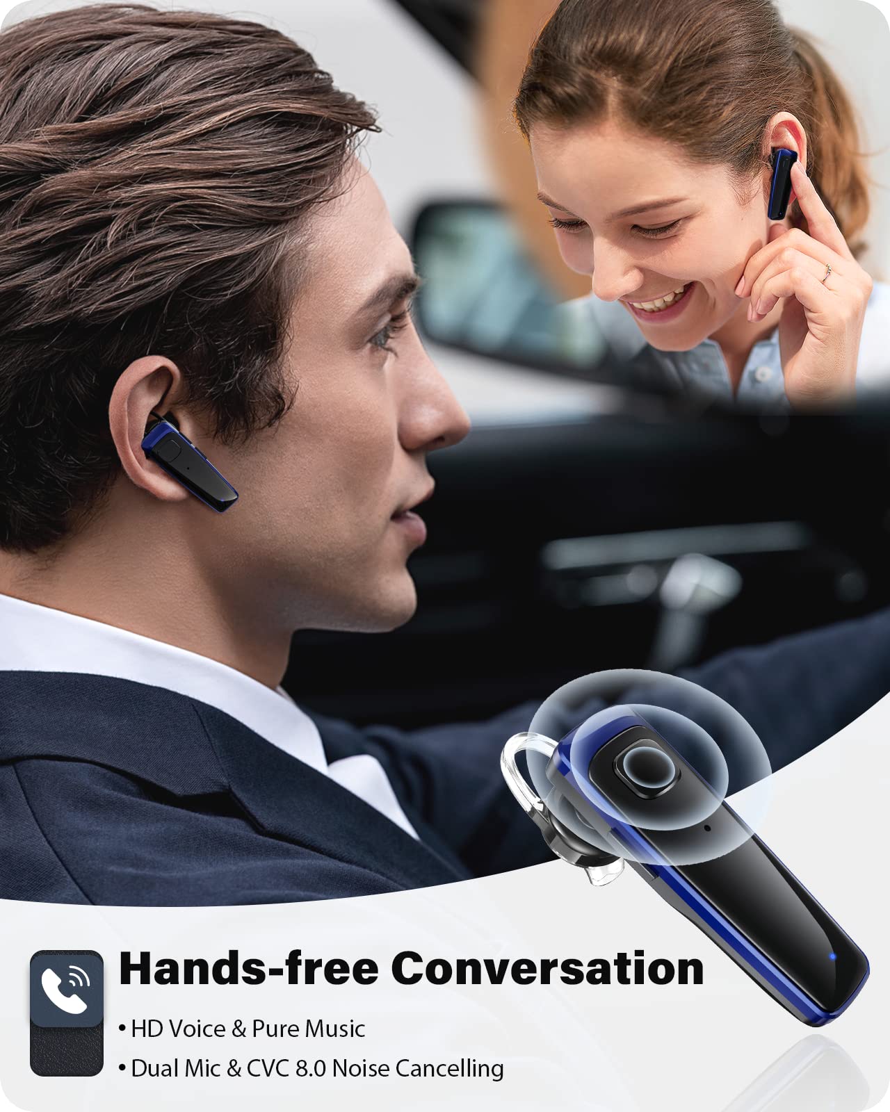 ADADPU Bluetooth Headset - V5.0 Wireless Handsfree Earpiece Built-in Dual Mic Noise Cancelling, 10 Days Standby 16Hrs HD Talktime Ultralight Headset