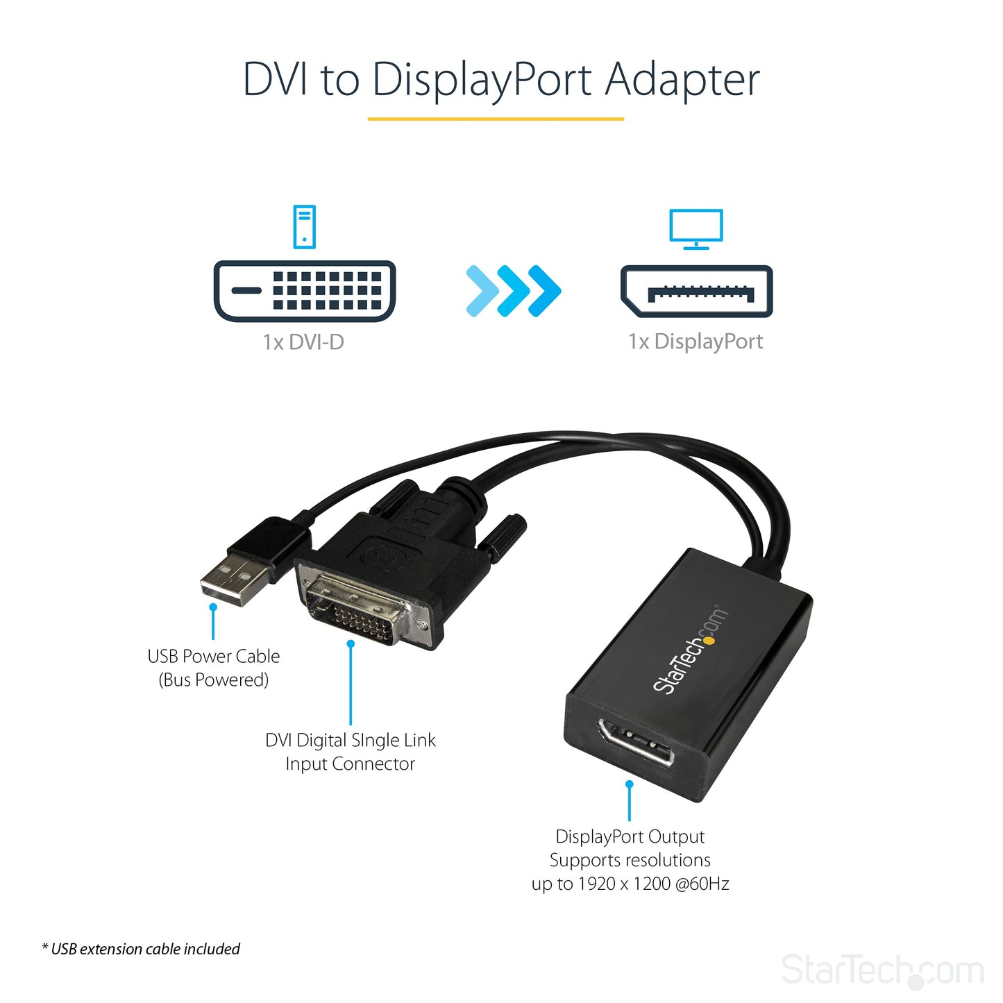 StarTech.com DVI to DisplayPort Adapter with USB Power - DVI-D to DP Video Adapter - DVI to DisplayPort Converter - 1920