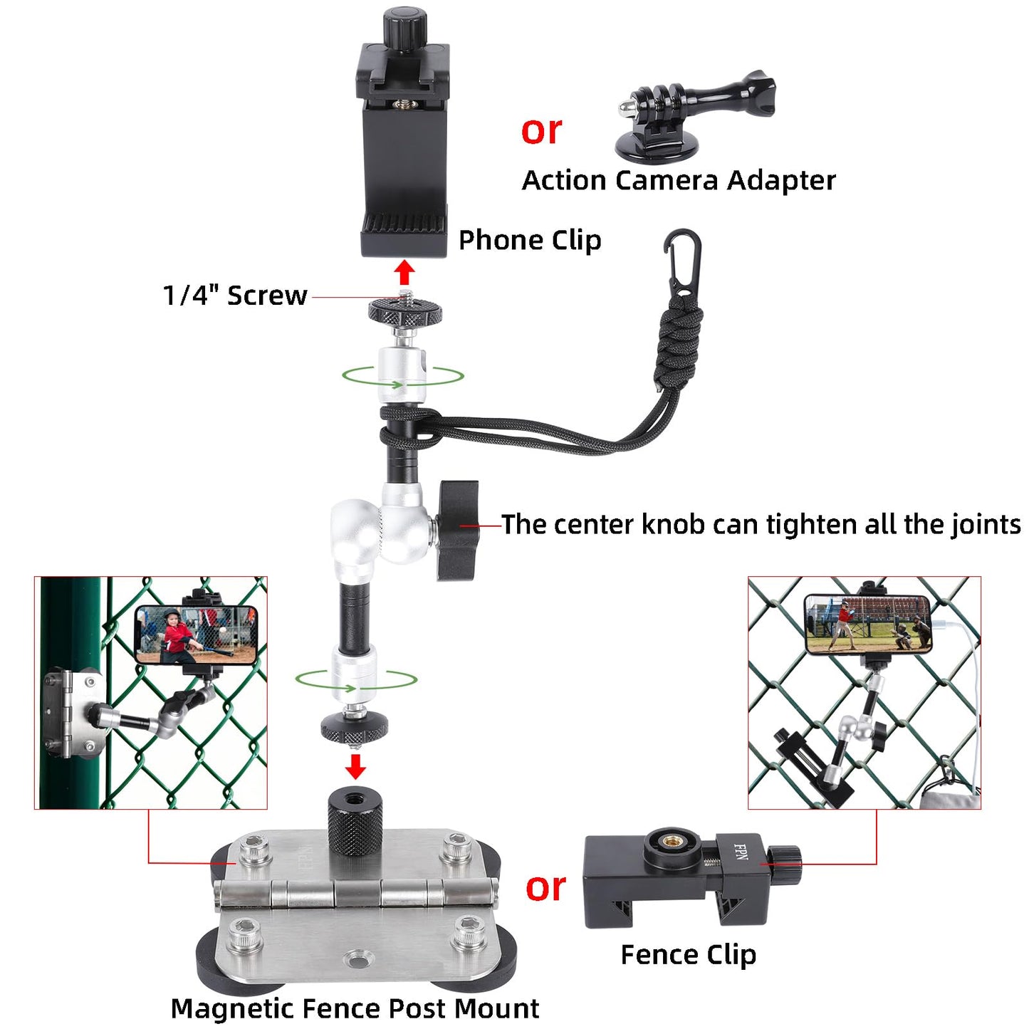 FPN Magnetic Phone Fence Post Mount + Fence Clip Kit for Gamechanger for Mevo Start, GoPro, iPhone, DJI Osmo Pocket 3 and Action Cameras,