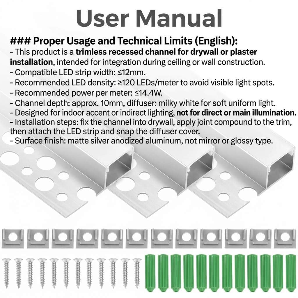 QWORK Trimless Recessed LED Channel 6 Pack 3.3FT - Matte Silver Aluminum for Drywall, Ceiling & Accent Lighting