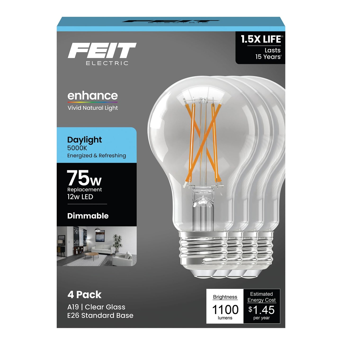 Feit Electric A19 Enhance LED Light Bulb, 75W Eq, Daylight, 4 Pack