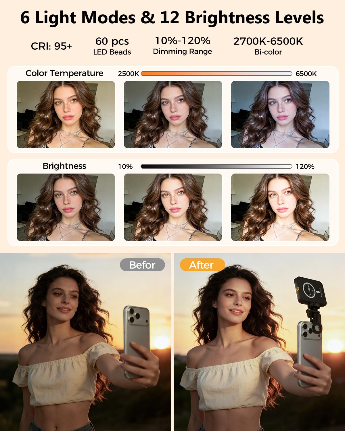 Magnetic Selfie Light for iPhone, Selfies Video Lighting, 6 Lighting Modes, 12 Brightness Levels, Clip, Magnetic or Camera Mount, Ideal for TikTok