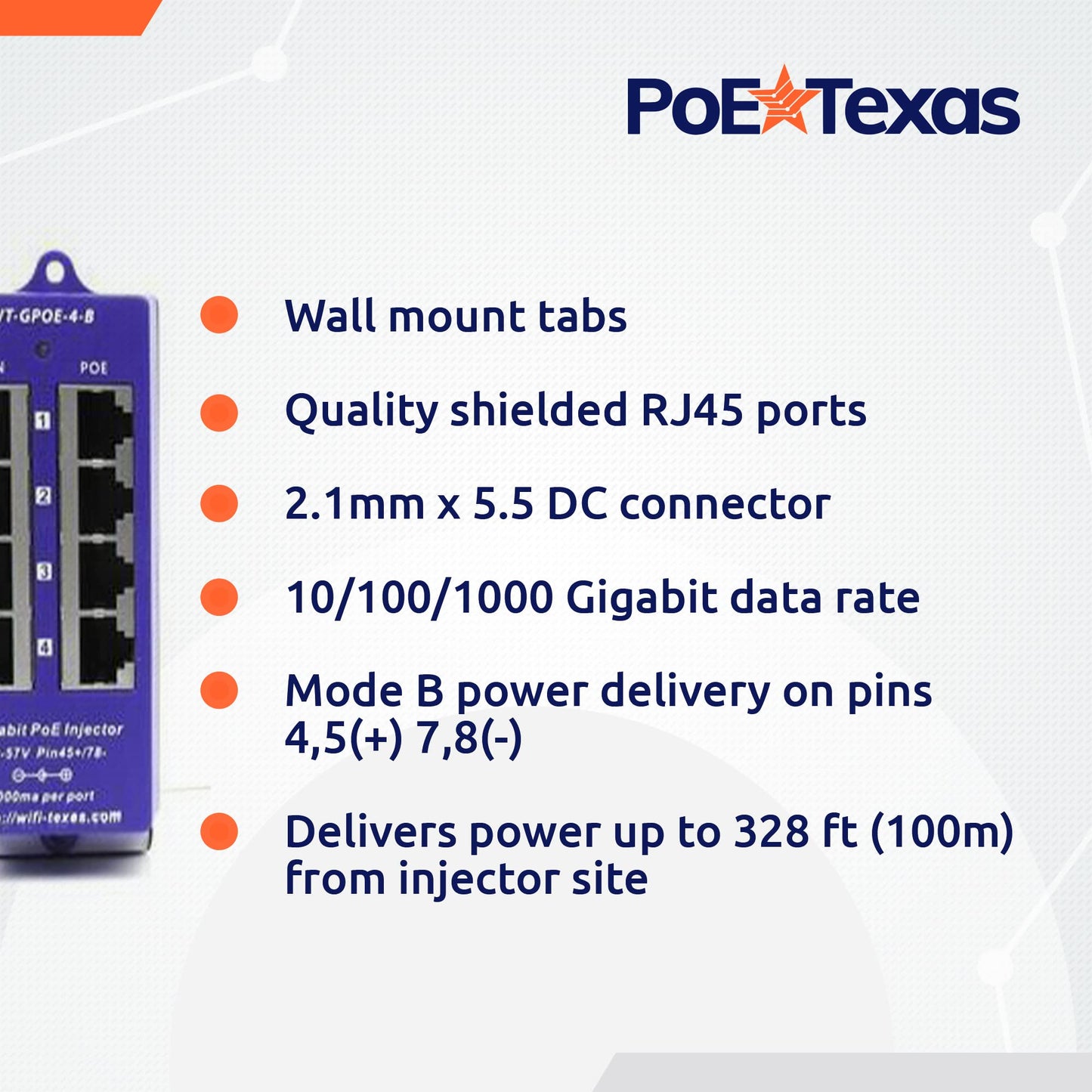 PoE Texas 4 Port 24V Passive PoE Injector with 24V 30W UL/FCC Certified Power Supply - Gigabit Injector - Passive Power Over Ethernet Multi Port PoE