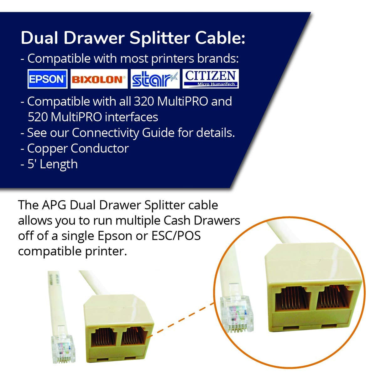 APG Printer Interface Cable | CD-D1D2EP | Dual Drawer Splitter Cable | RJ-12 Male Splitter Cable Cash Drawers with MultiPRO Interface | Compatible