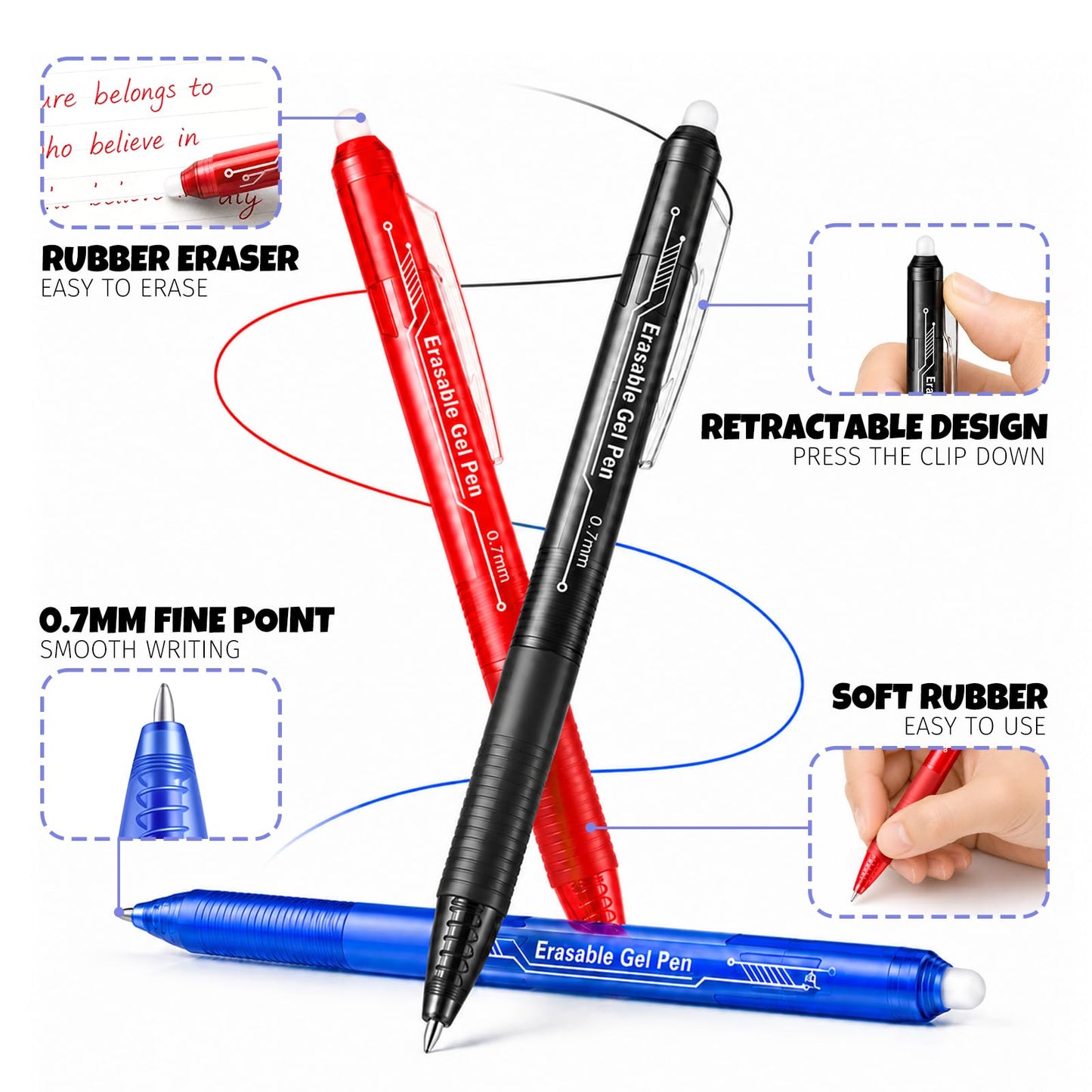 sunacme Erasable Gel Pens, Retractable Erasable Gel Pen Clicker Fine Point 0.7 mm, Smooth Ink for Completing Sudoku and Crossword Puzzles(8 Black/4