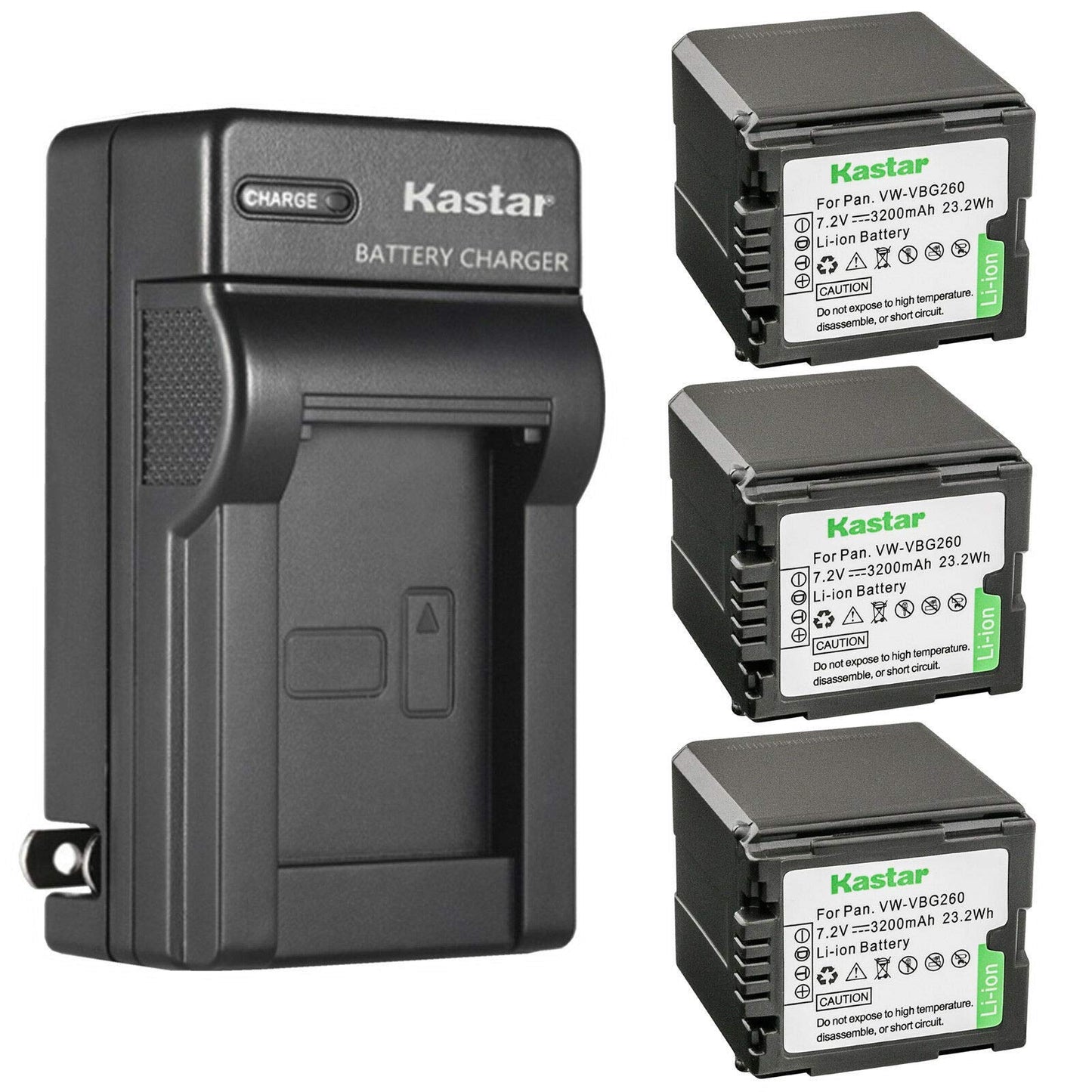 Kastar 3-Pack VW-VBG260 Battery and AC Wall Charger Replacement for Panasonic HDC-HS100, HDC-HS100GK, HDC-HS200, HDC-HS250, HDC-HS250K, HDC-HS300