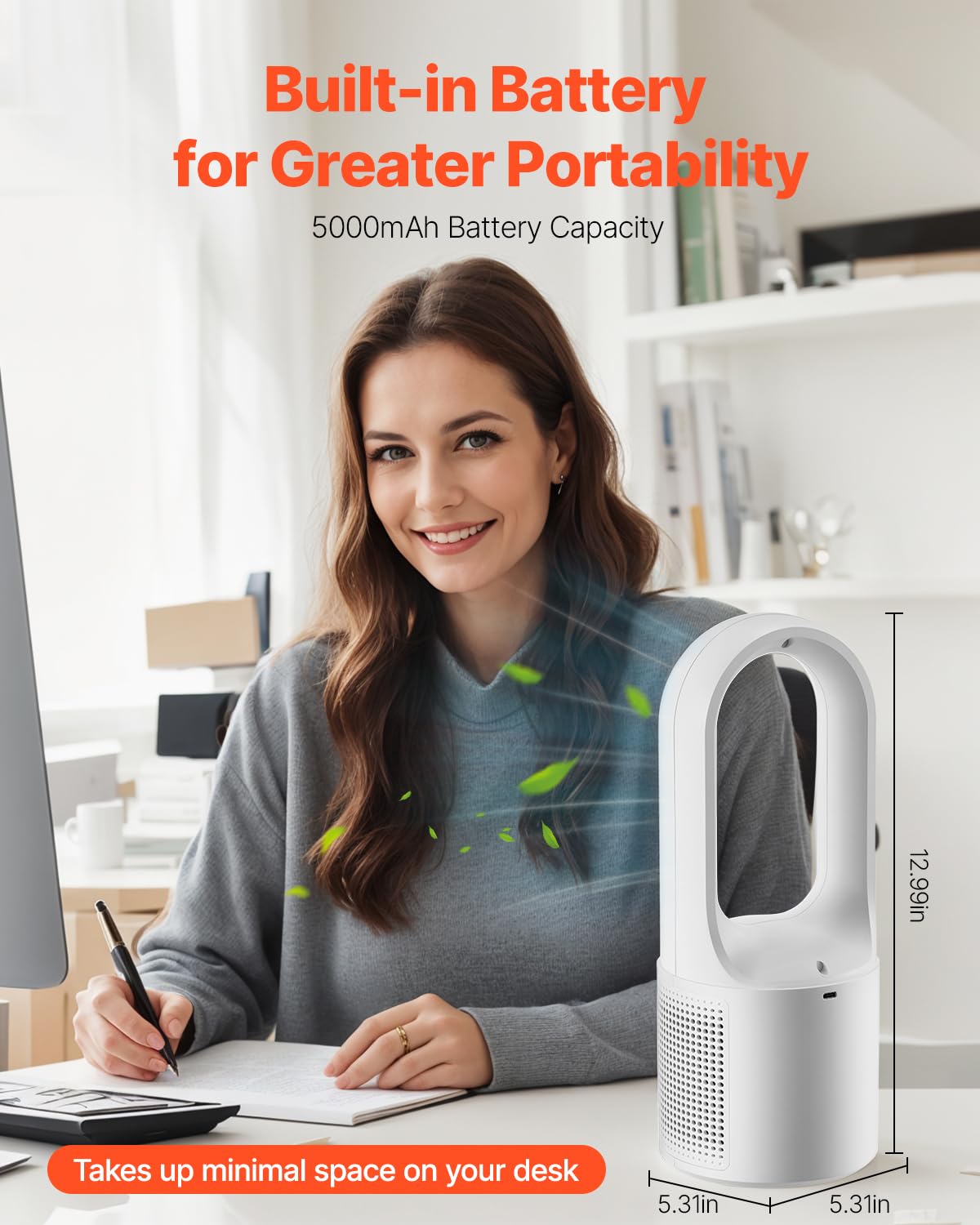 VEVOR Desk Fan Bladeless, 12.99 Inch Portable Desk Fan, 6-Speed USB Quiet Cooling Small Tower Fan with Rechargeable Battery, Easy to Clean
