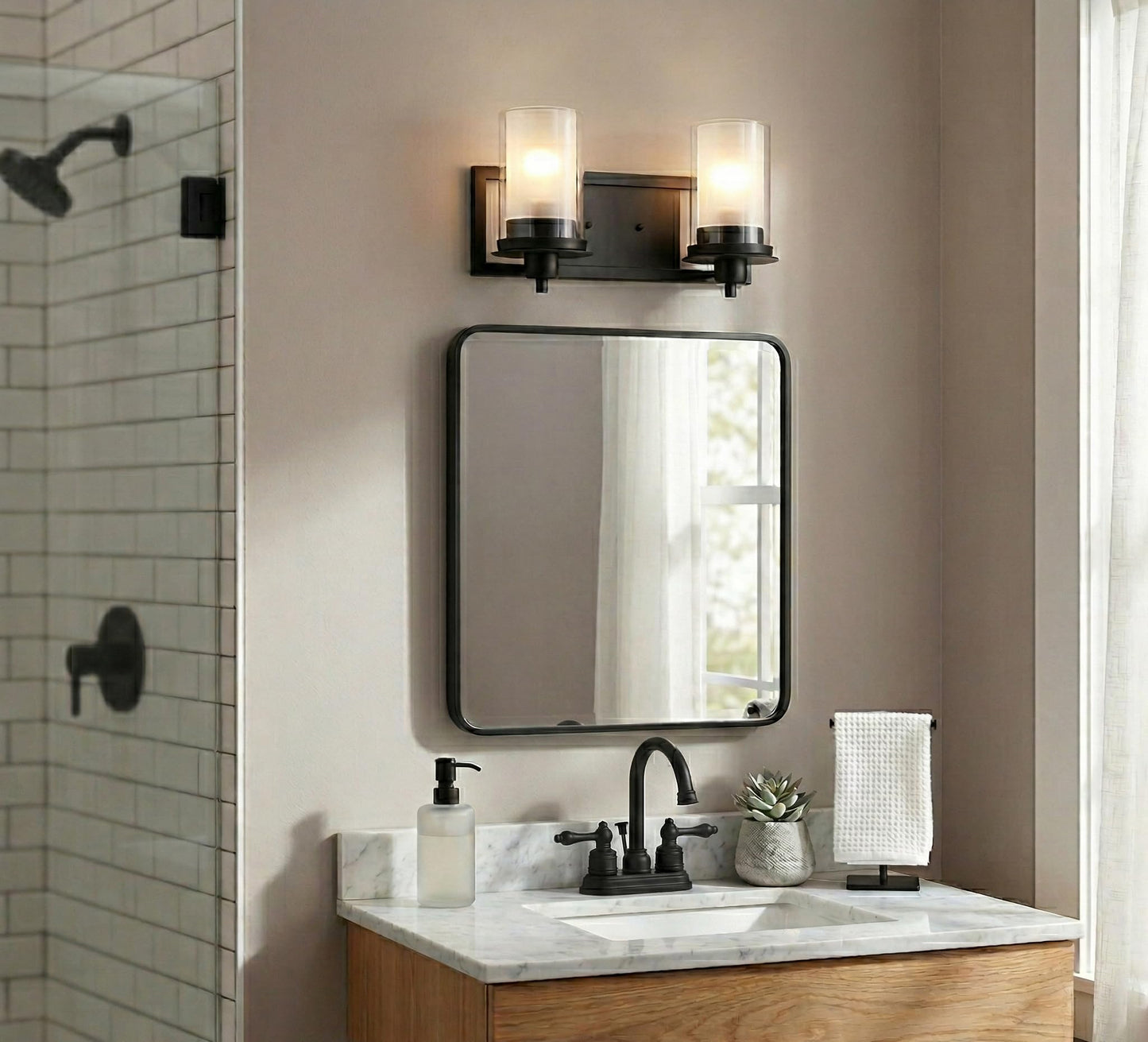 Designers Impressions Juno Matte Black 2 Light Wall Sconce/Bathroom Fixture with Clear and Frosted Glass: 73483