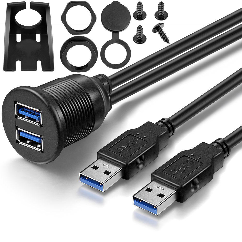 OBVIS 2 Ports Dual USB 3.0 Male to USB 3.0 Female AUX Flush Mount Car Mount Extension Cable for Car Truck Boat Motorcycle Dashboard Panel -(6 Feet)