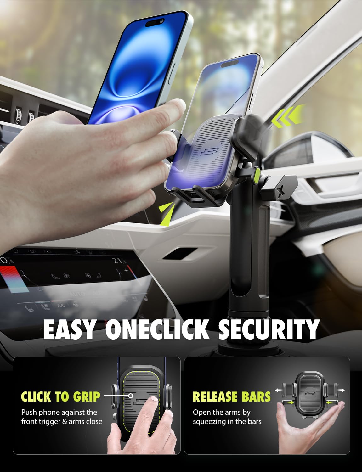 Bracketron OneClick Cup Phone Holder for Car - Universal Cup Holder Phone Mount, Fits Devices up to 4.2", 360° Rotation with Twist-Expand Base