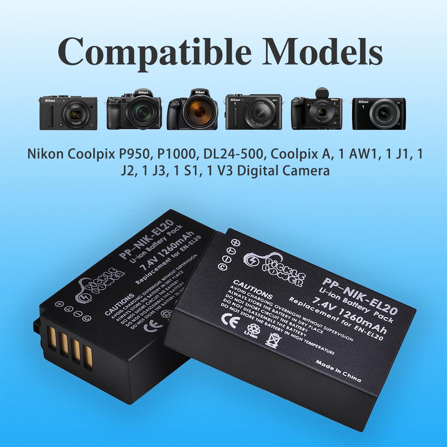 Pickle Power EN-EL20 EN-EL20a Battery and Charger Compatible with Nikon Coolpix P1000, P950, DL24-500, Coolpix A, 1 AW1, 1 J1, 1 J2, 1 J3, 1 S1, 1 V3